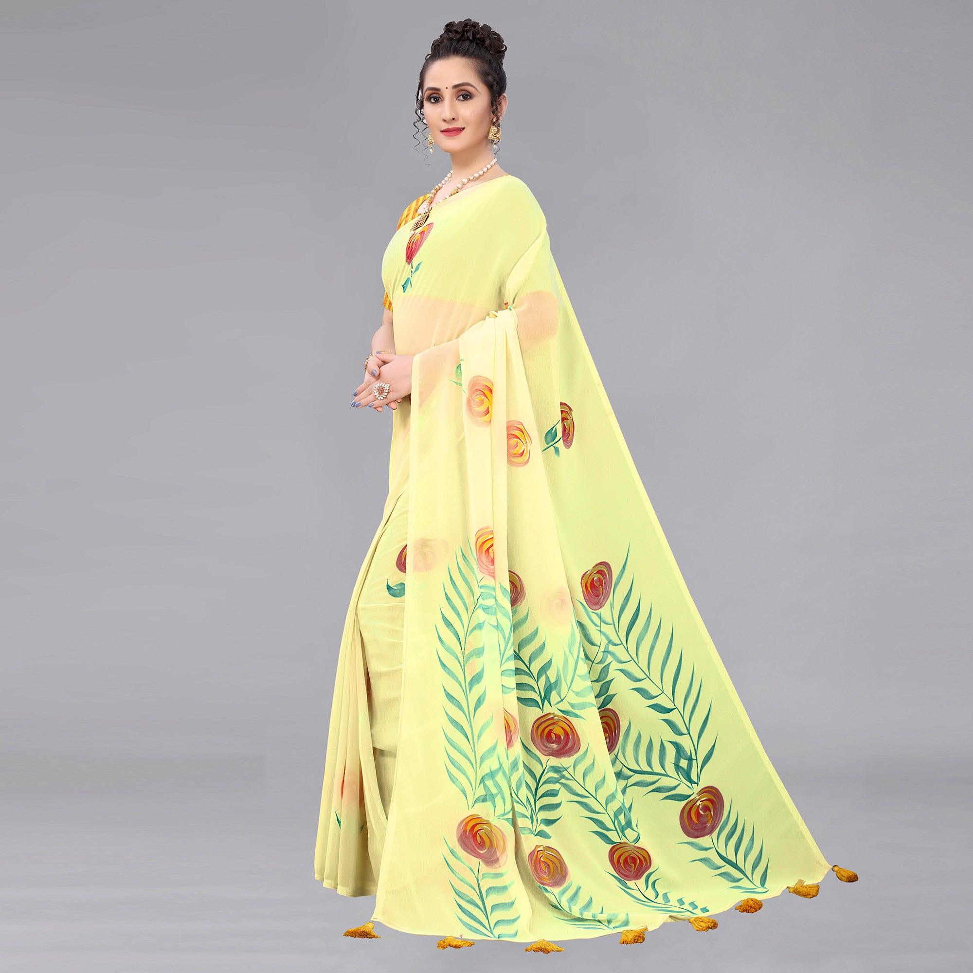 Yellow Casual Wear Floral Hand Printed Georgette Saree - Peachmode