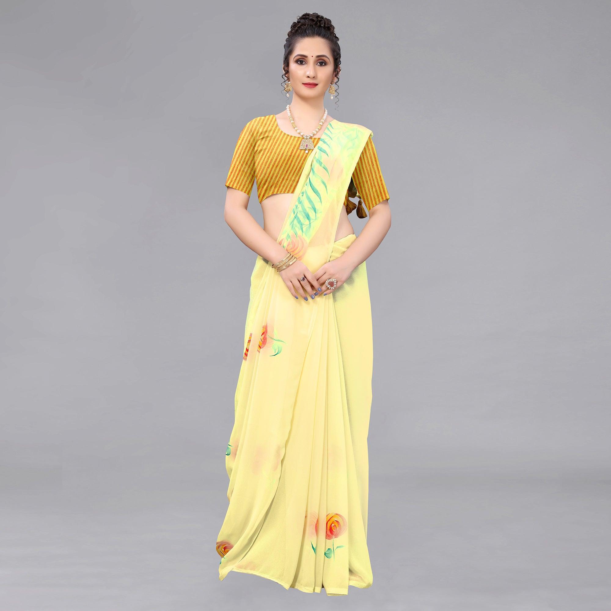 Yellow Casual Wear Floral Hand Printed Georgette Saree - Peachmode