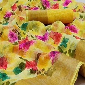 Yellow Casual Wear Floral Mill Printed Cotton Saree With Zari Border - Peachmode