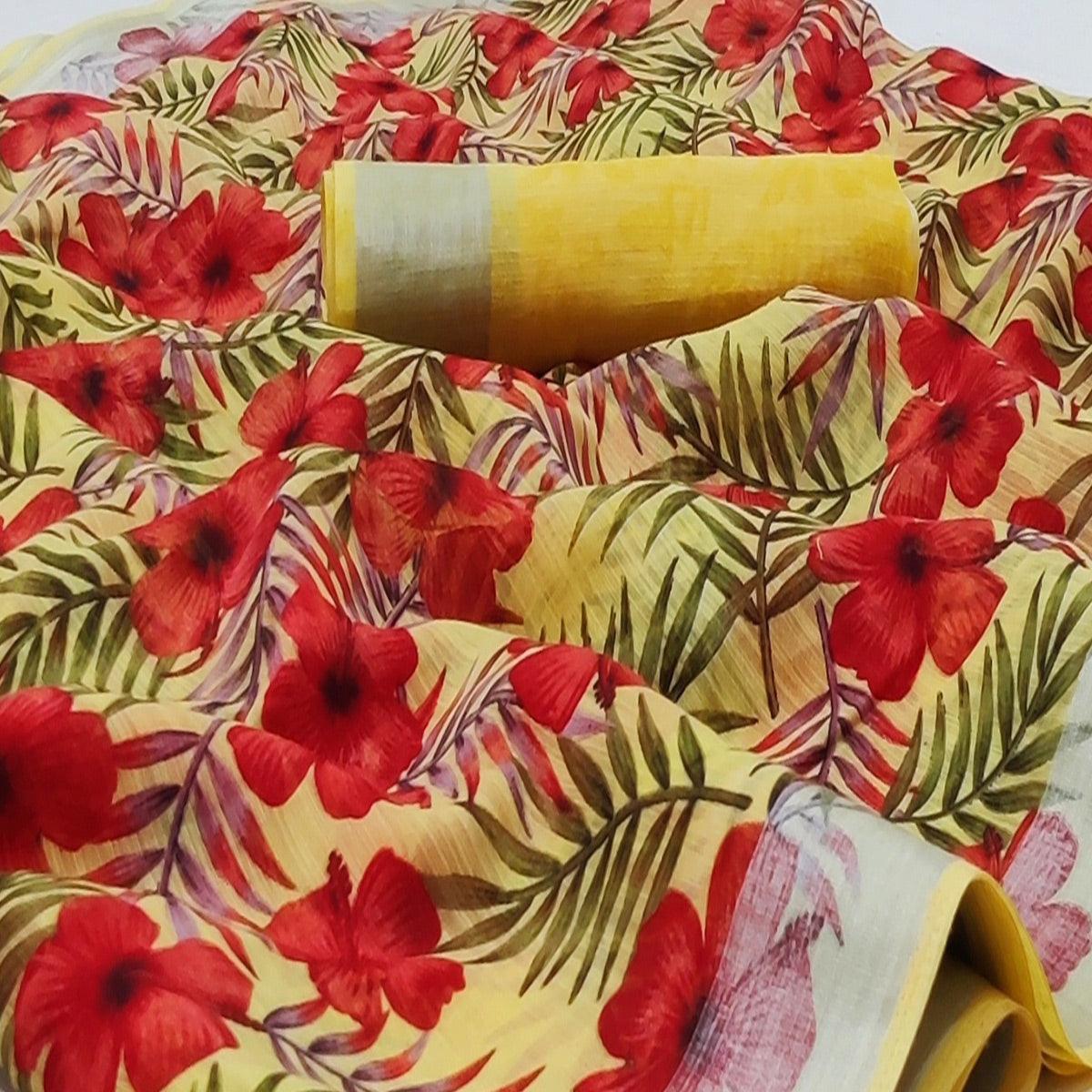 Yellow Casual Wear Floral Mill Printed Cotton Saree With Zari Border - Peachmode