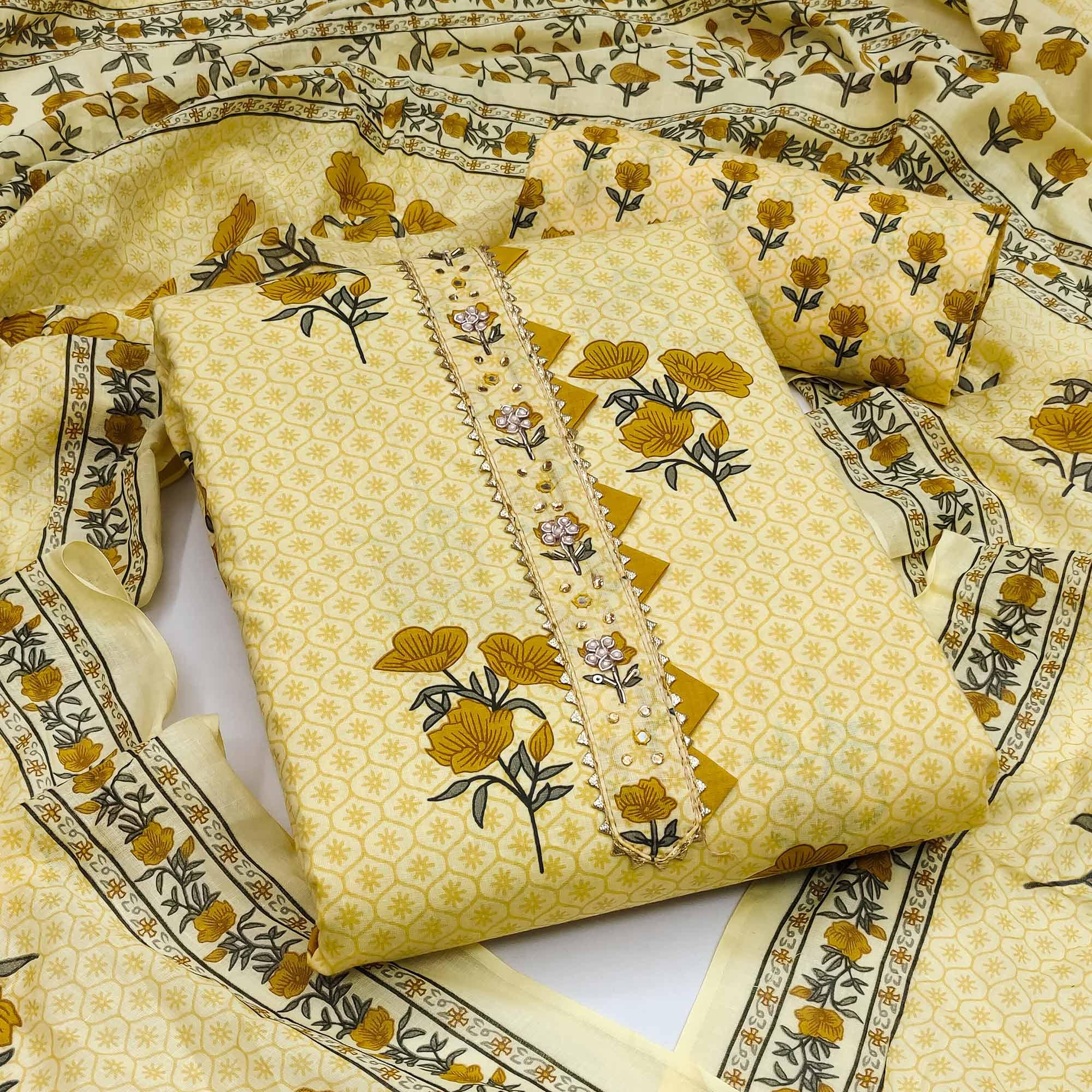 Yellow Casual Wear Floral Print With Embellished Cotton Dress Material - Peachmode