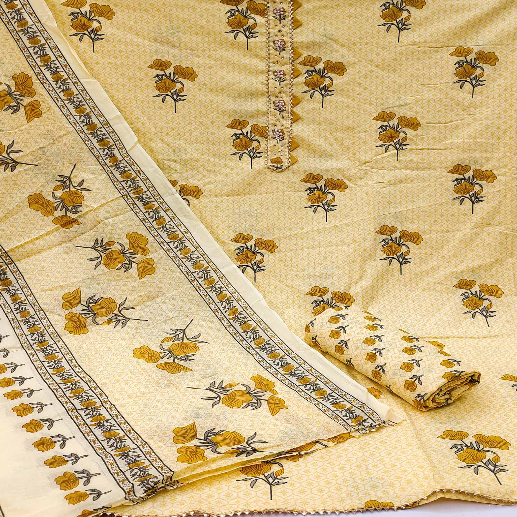 Yellow Casual Wear Floral Print With Embellished Cotton Dress Material - Peachmode