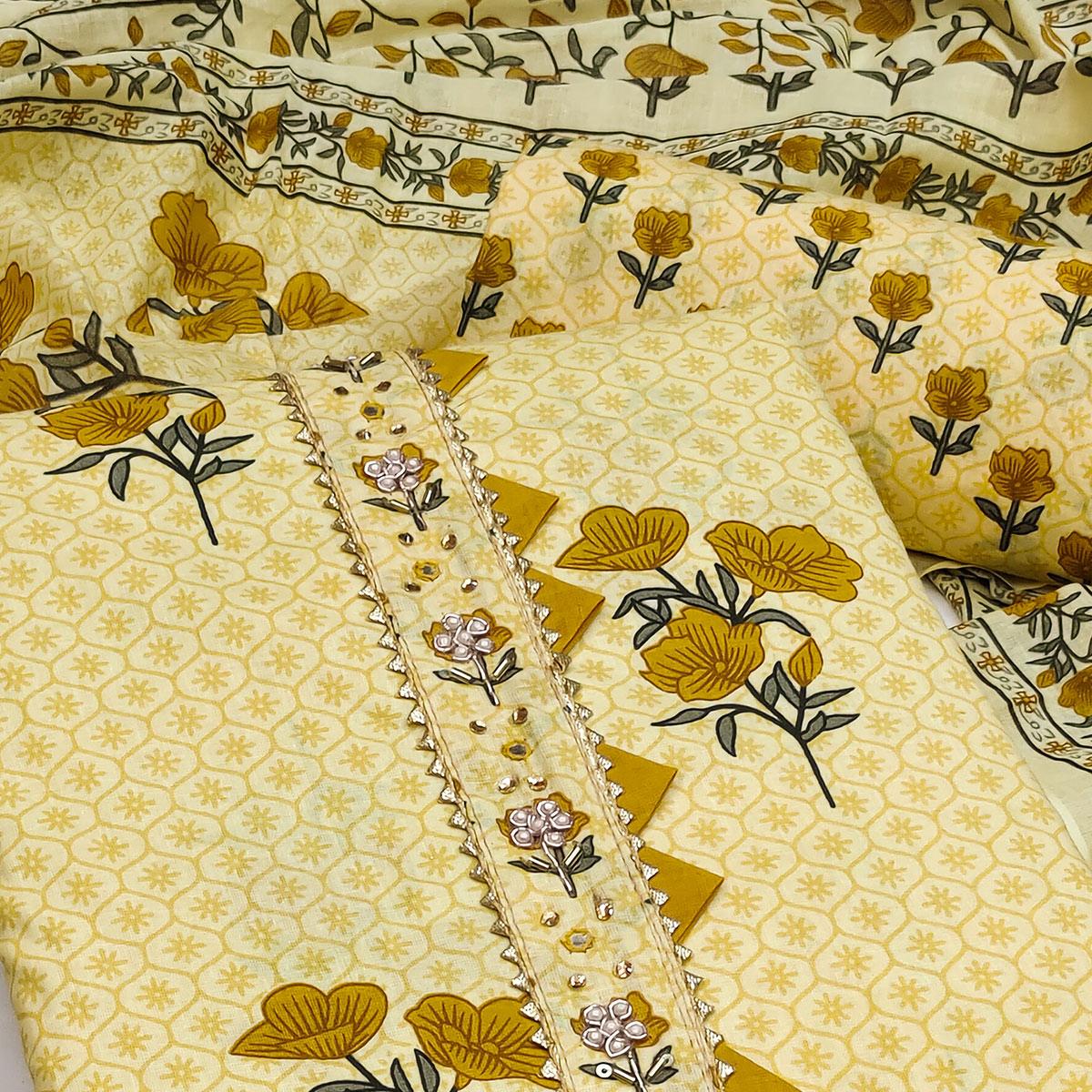 Yellow Casual Wear Floral Print With Embellished Cotton Dress Material - Peachmode
