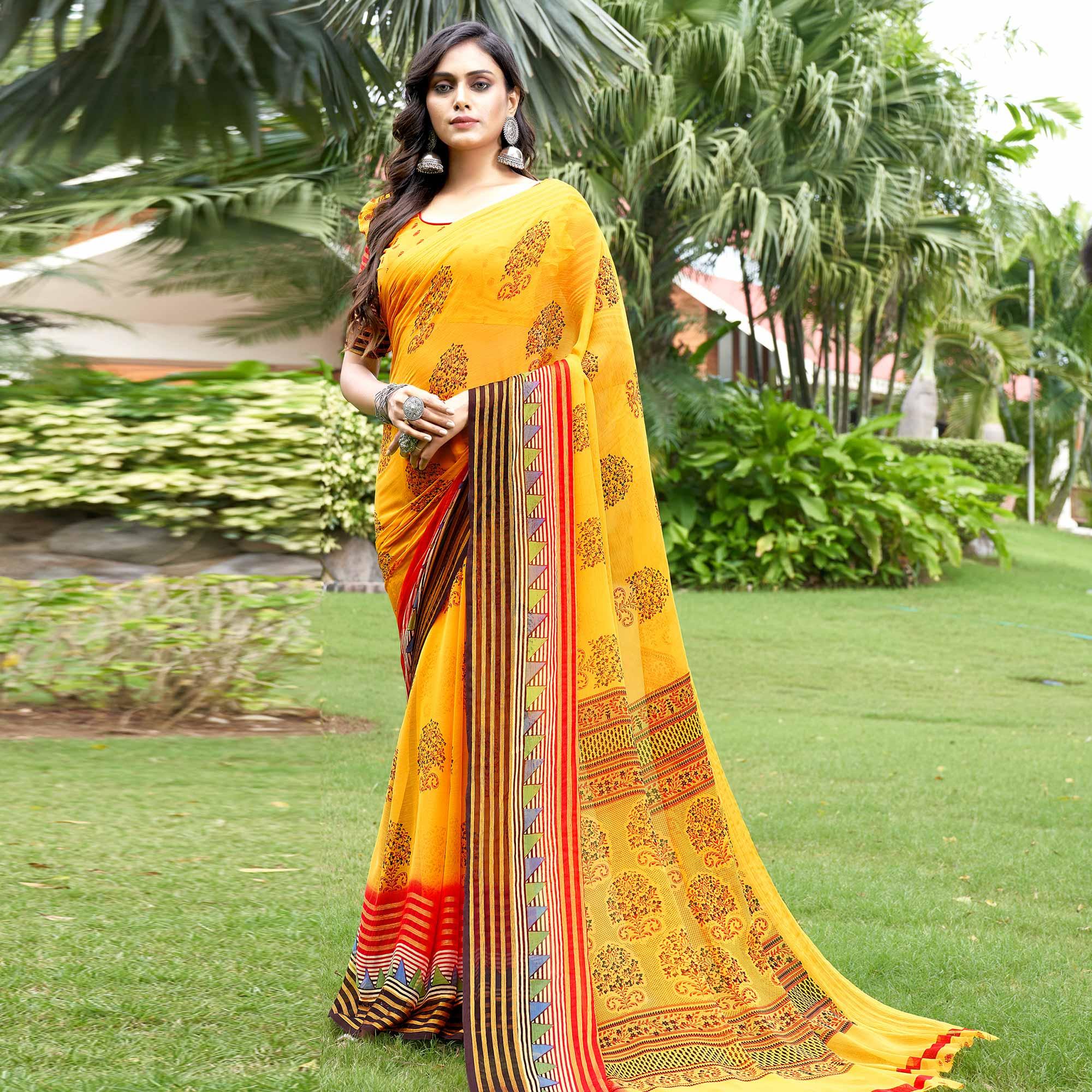 Yellow Casual Wear Floral Printed Chiffon Saree - Peachmode