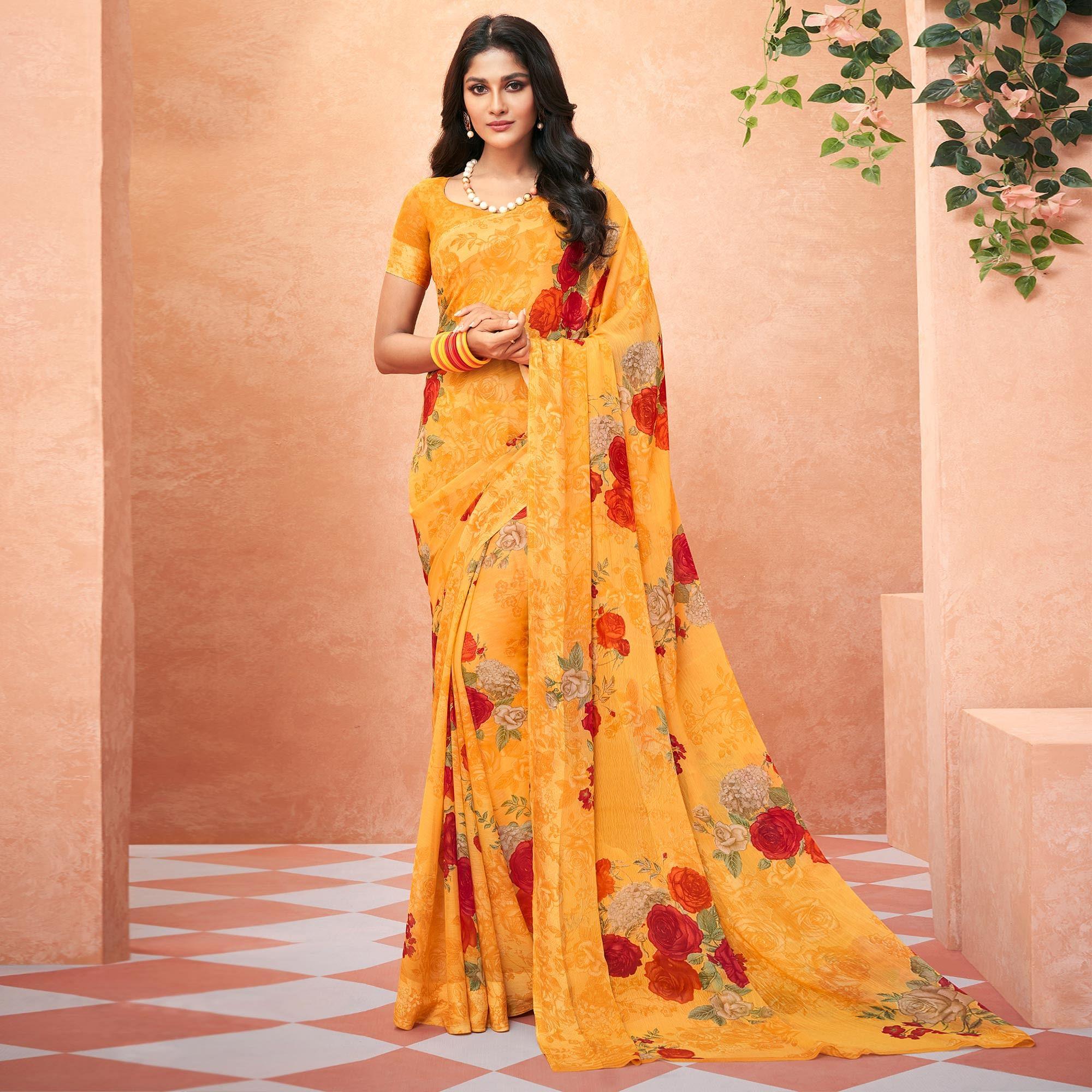 Yellow Casual Wear Floral Printed Chiffon Saree - Peachmode