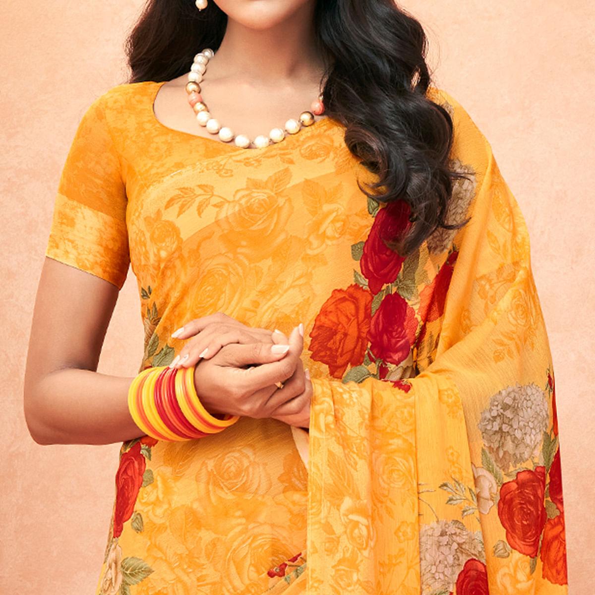 Yellow Casual Wear Floral Printed Chiffon Saree - Peachmode