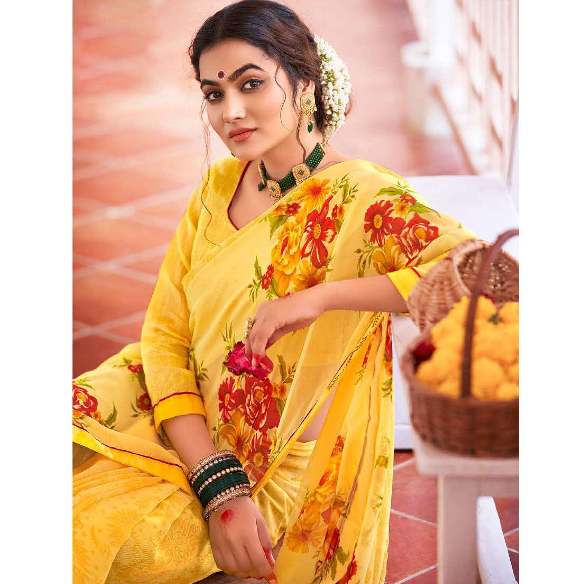 Yellow Casual Wear Floral Printed Chiffon Saree - Peachmode