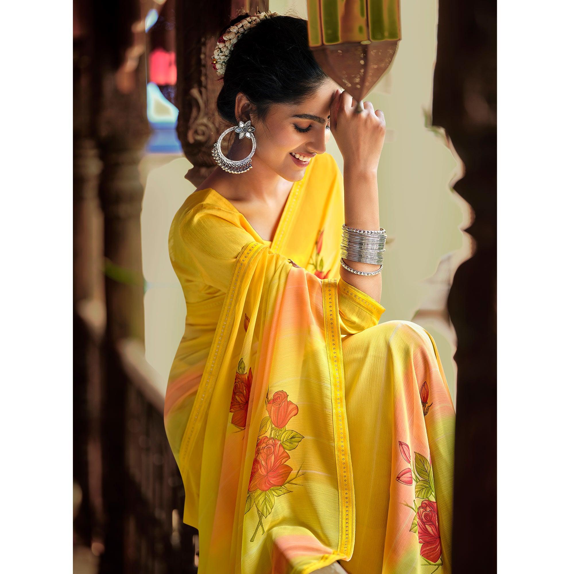 Yellow Casual Wear Floral Printed Chiffon Saree With Fancy Blouse - Peachmode