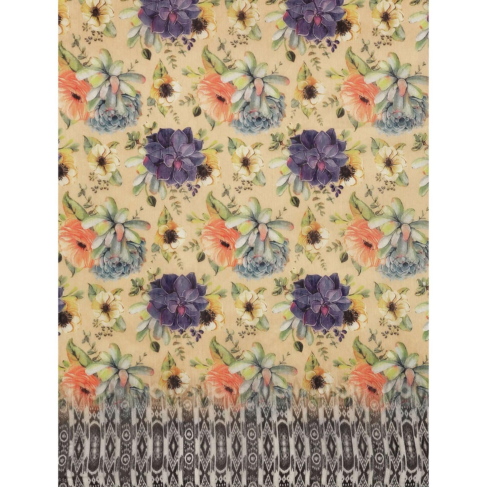 Yellow Casual Wear Floral Printed Cotton Blend Saree With Tassels - Peachmode