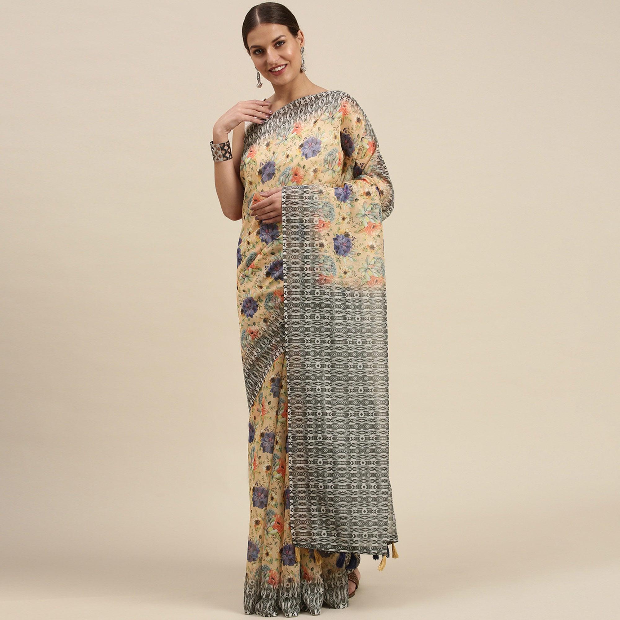 Yellow Casual Wear Floral Printed Cotton Blend Saree With Tassels - Peachmode