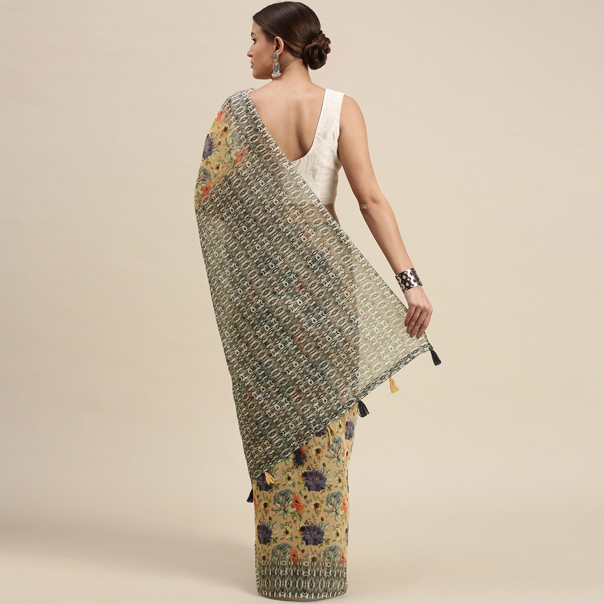 Yellow Casual Wear Floral Printed Cotton Blend Saree With Tassels - Peachmode