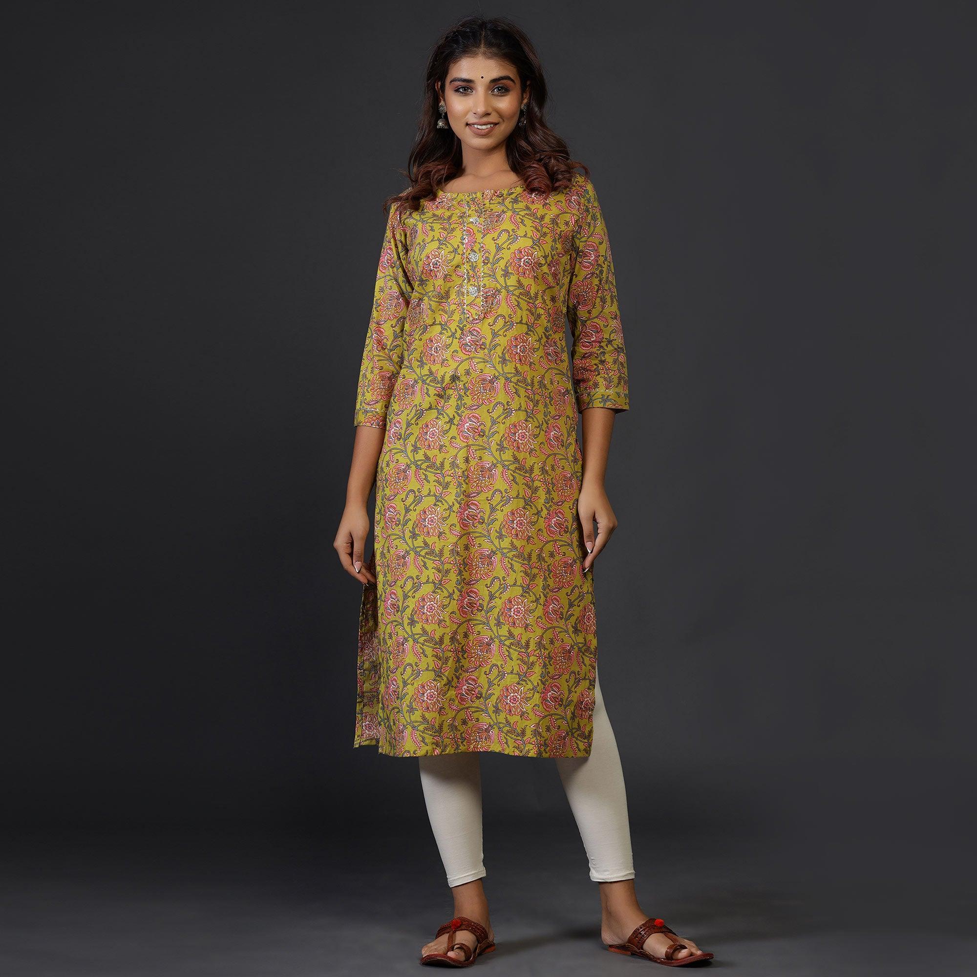 Yellow Casual Wear Floral Printed Cotton Kurti - Peachmode