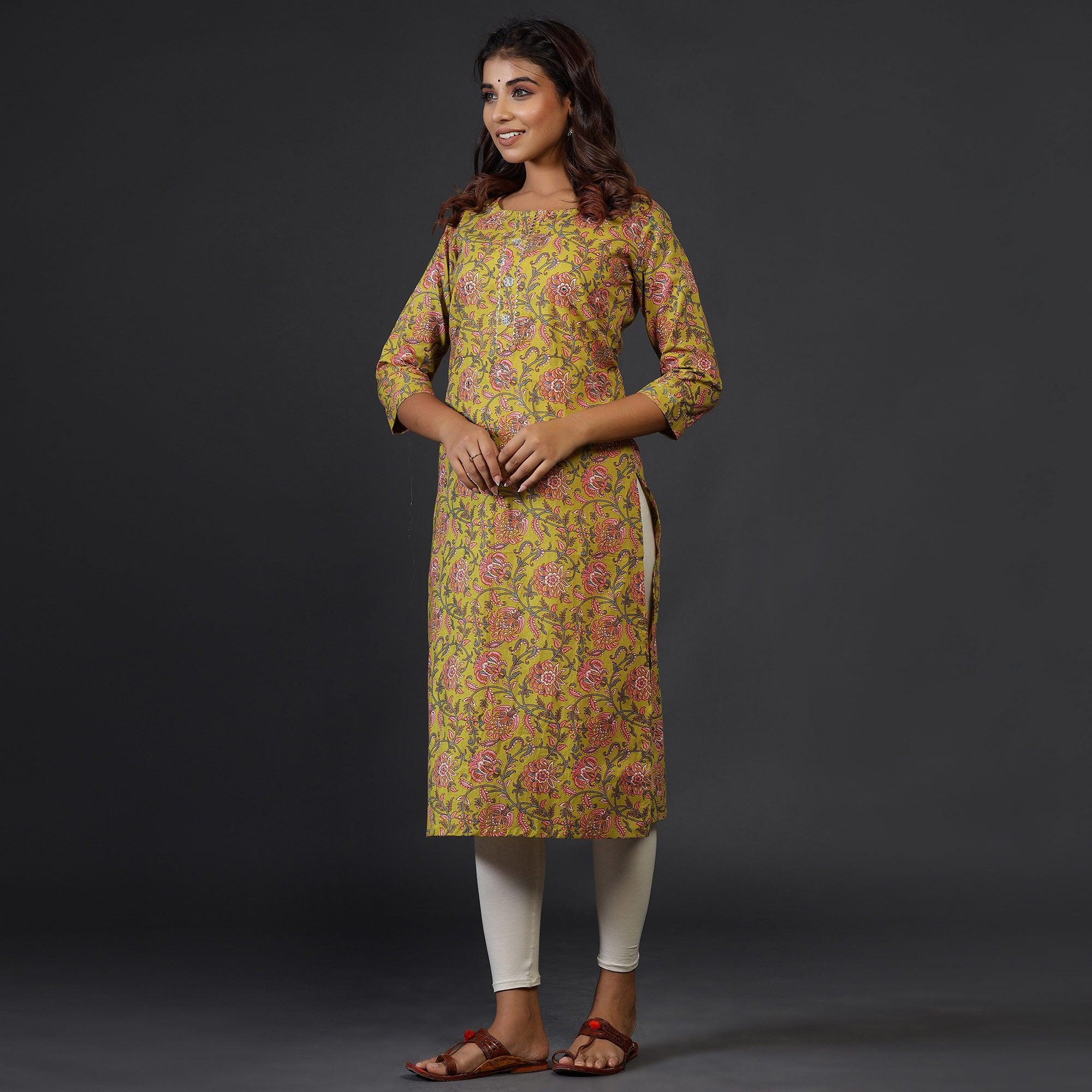 Yellow Casual Wear Floral Printed Cotton Kurti - Peachmode