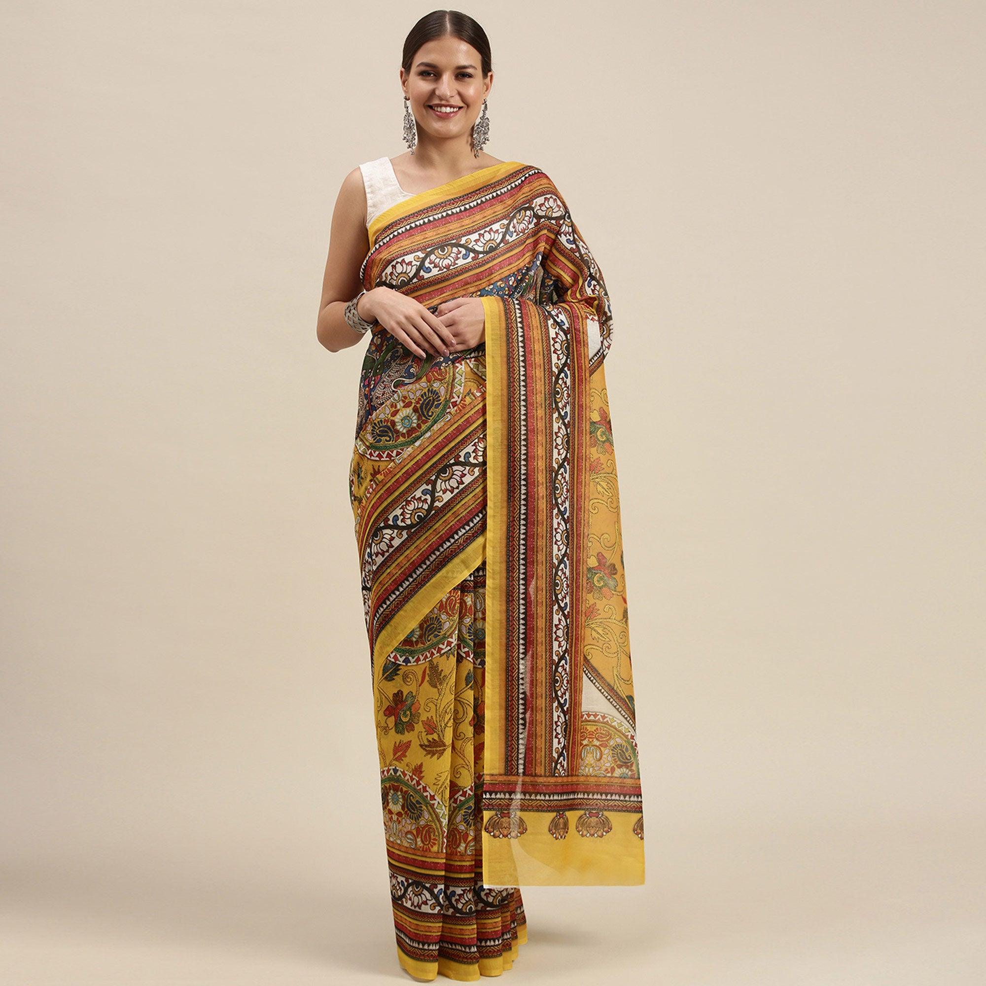 Yellow Casual Wear Floral Printed Cotton Saree - Peachmode