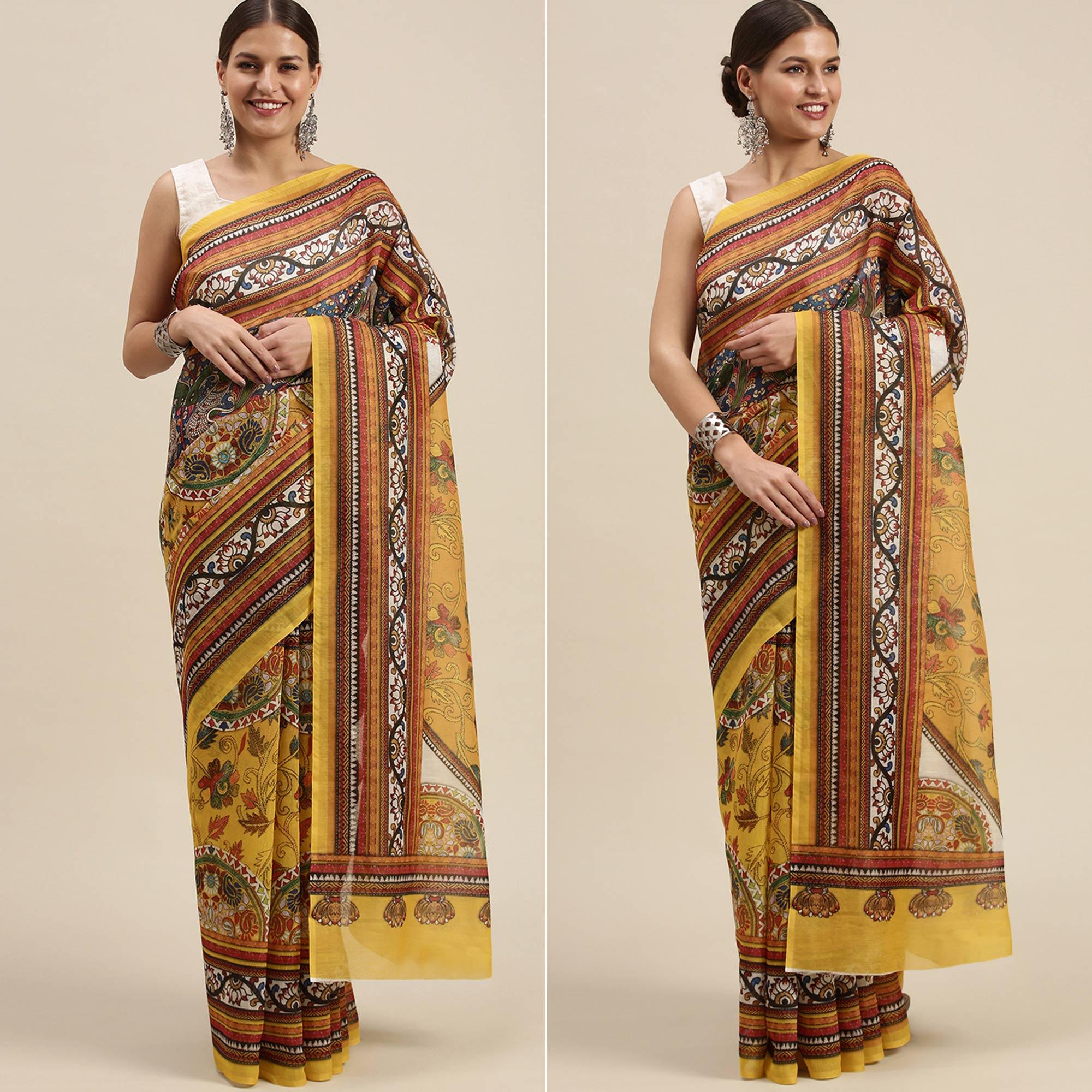 Yellow Casual Wear Floral Printed Cotton Saree - Peachmode