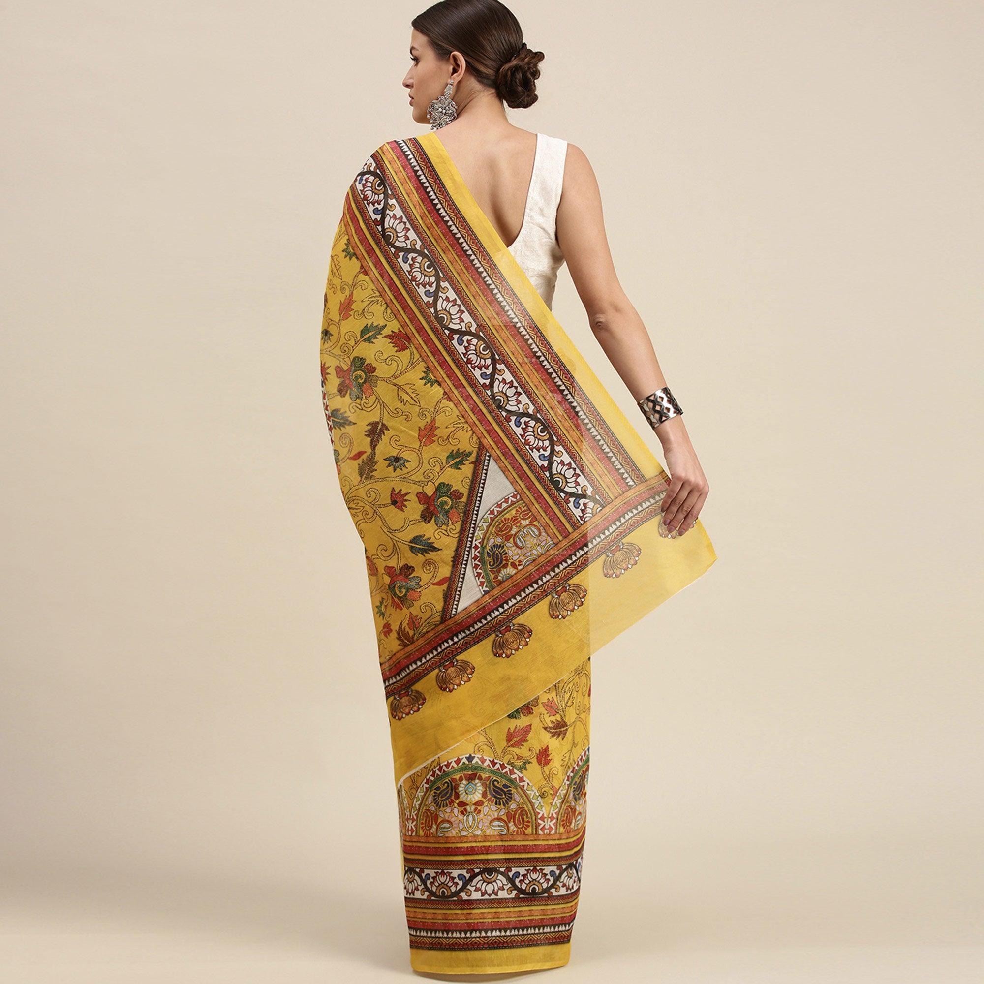 Yellow Casual Wear Floral Printed Cotton Saree - Peachmode