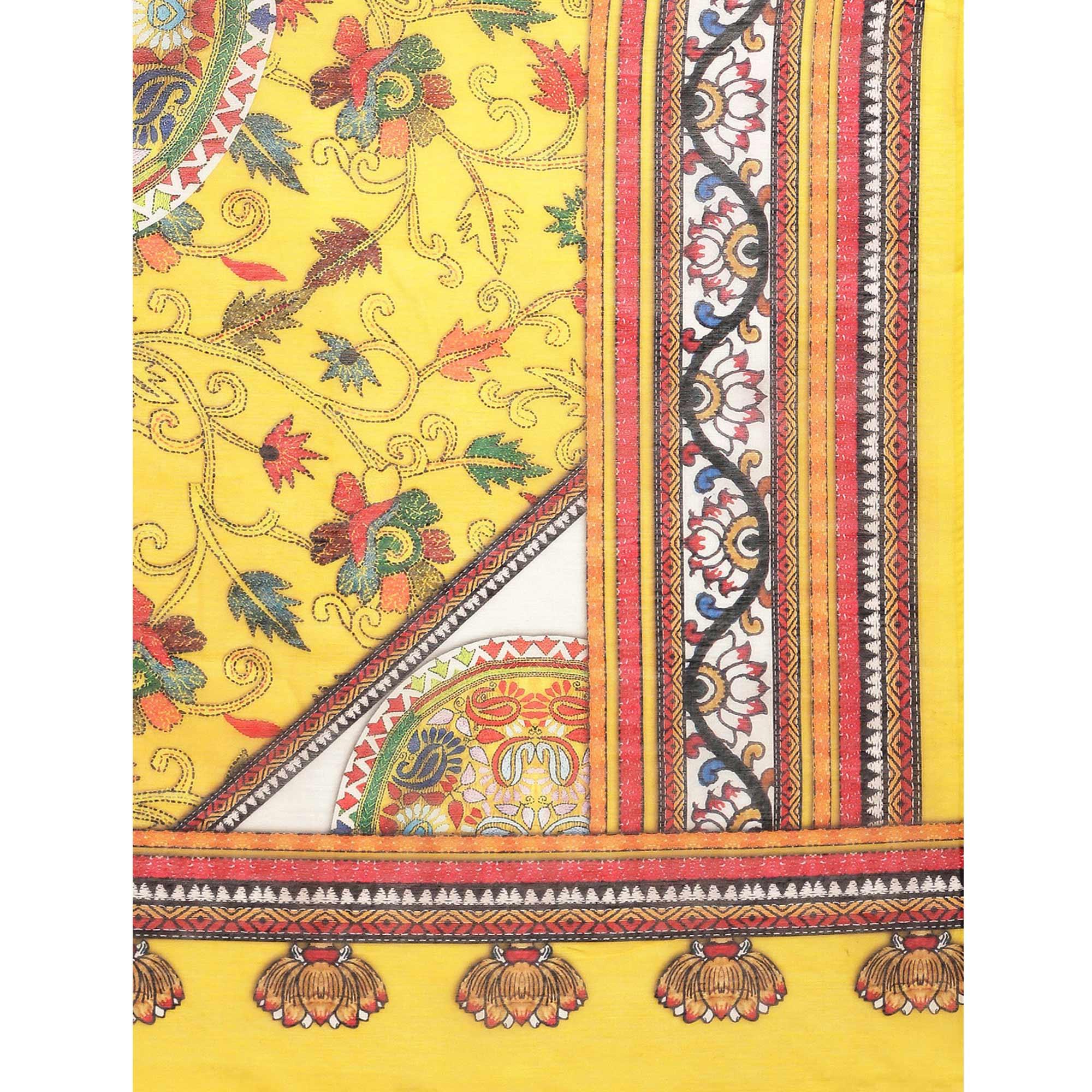 Yellow Casual Wear Floral Printed Cotton Saree - Peachmode
