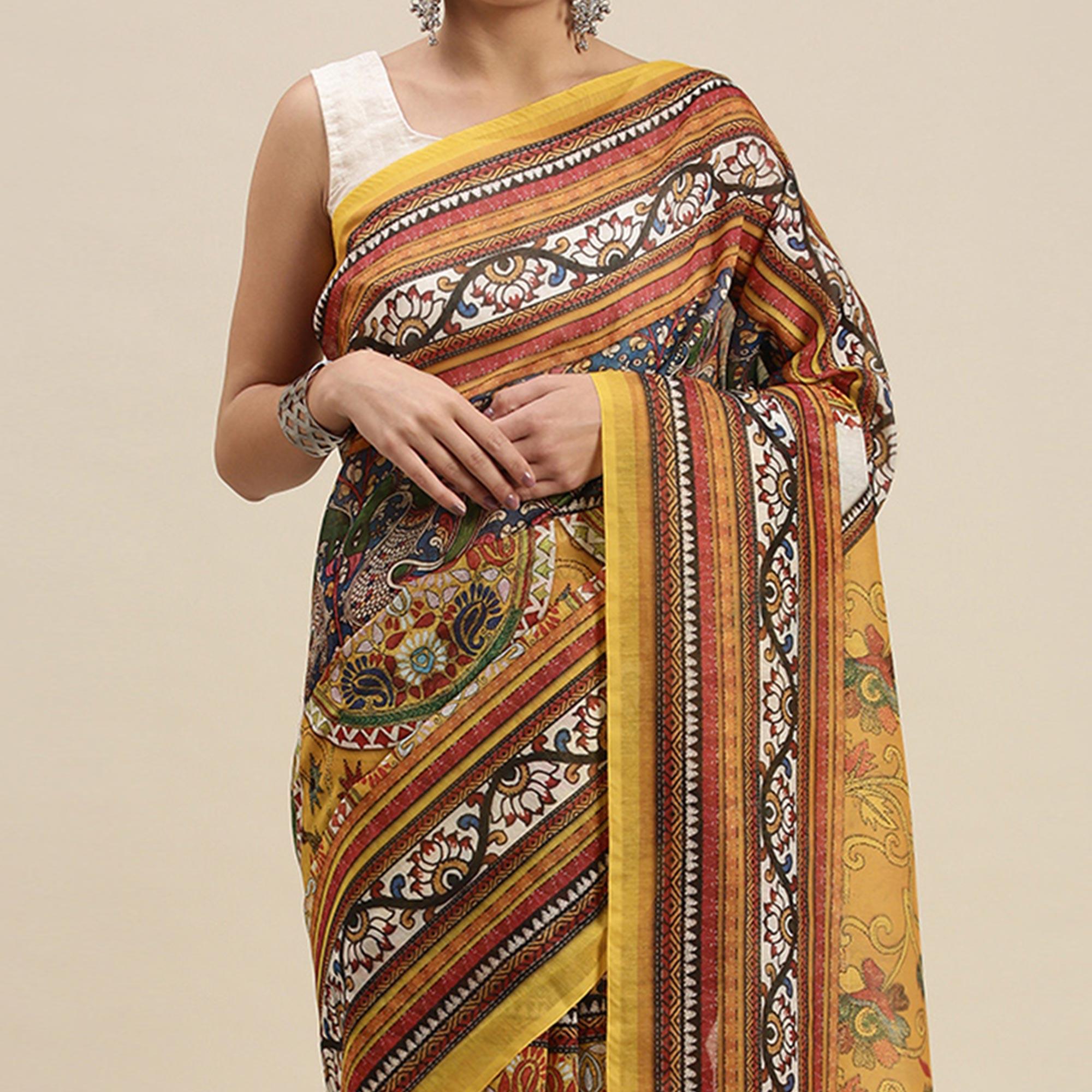 Yellow Casual Wear Floral Printed Cotton Saree - Peachmode