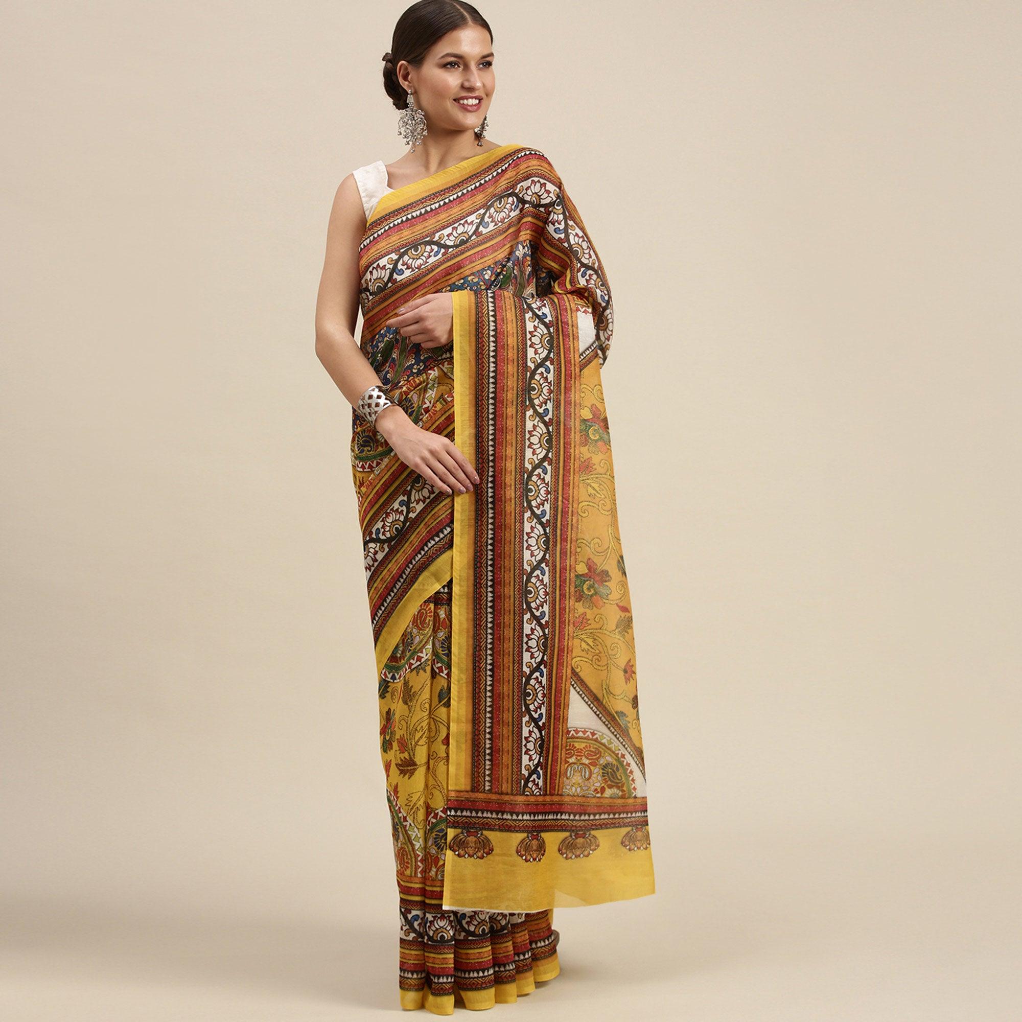 Yellow Casual Wear Floral Printed Cotton Saree - Peachmode