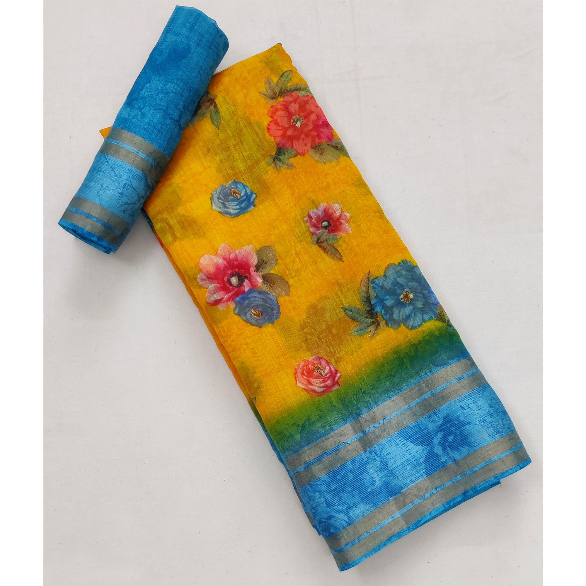 Yellow Casual Wear Floral Printed Cotton Saree With Woven Border - Peachmode