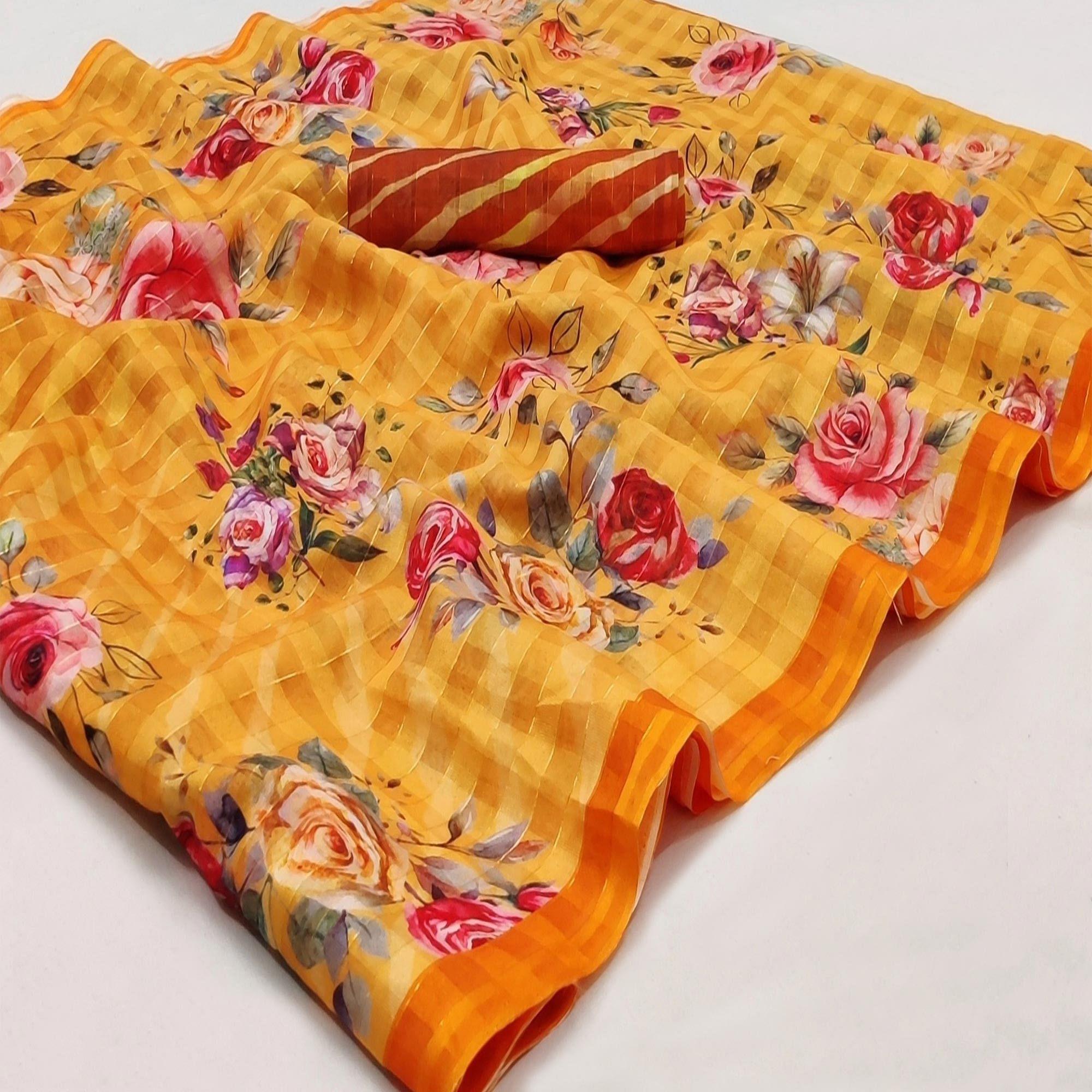 Yellow Casual Wear Floral Printed Cotton Silk Saree - Peachmode