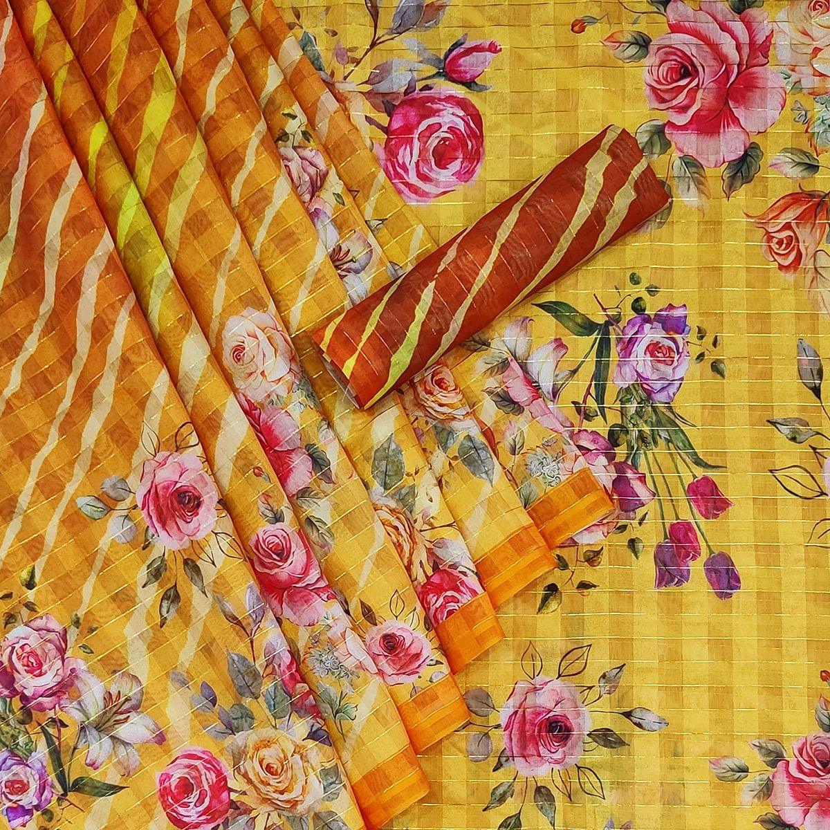 Yellow Casual Wear Floral Printed Cotton Silk Saree - Peachmode