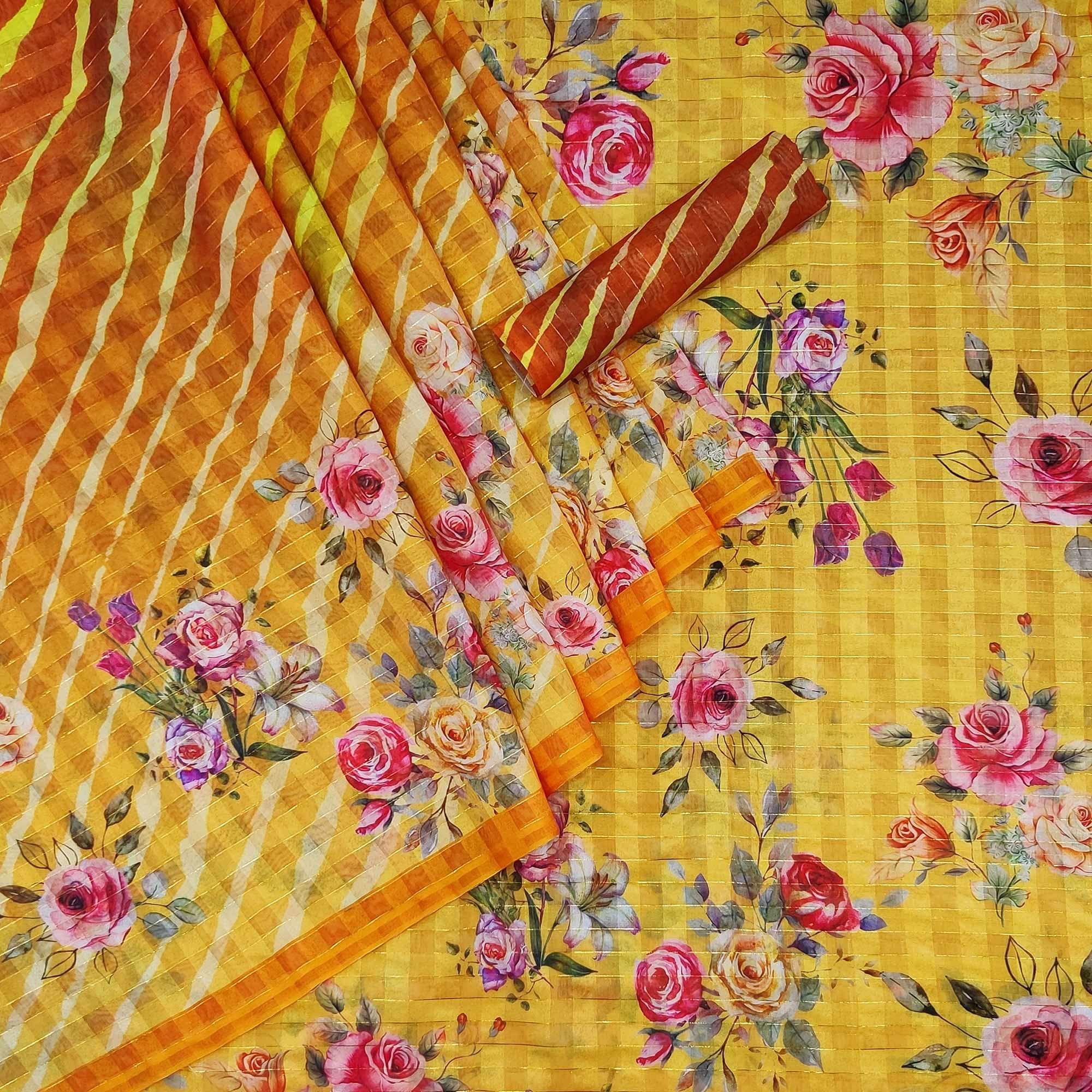 Yellow Casual Wear Floral Printed Cotton Silk Saree - Peachmode