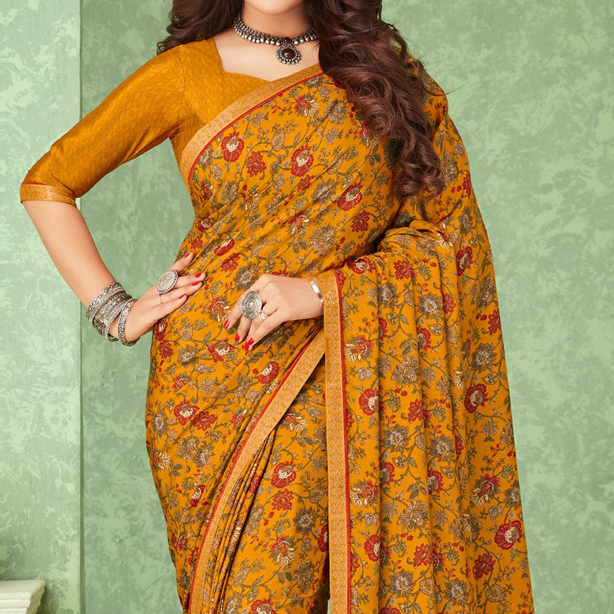 Yellow Casual Wear Floral Printed Crepe Saree With Banarasi Border - Peachmode