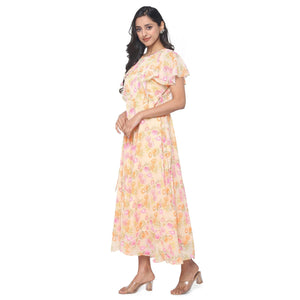 Yellow Casual Wear Floral Printed Georgette Gown - Peachmode