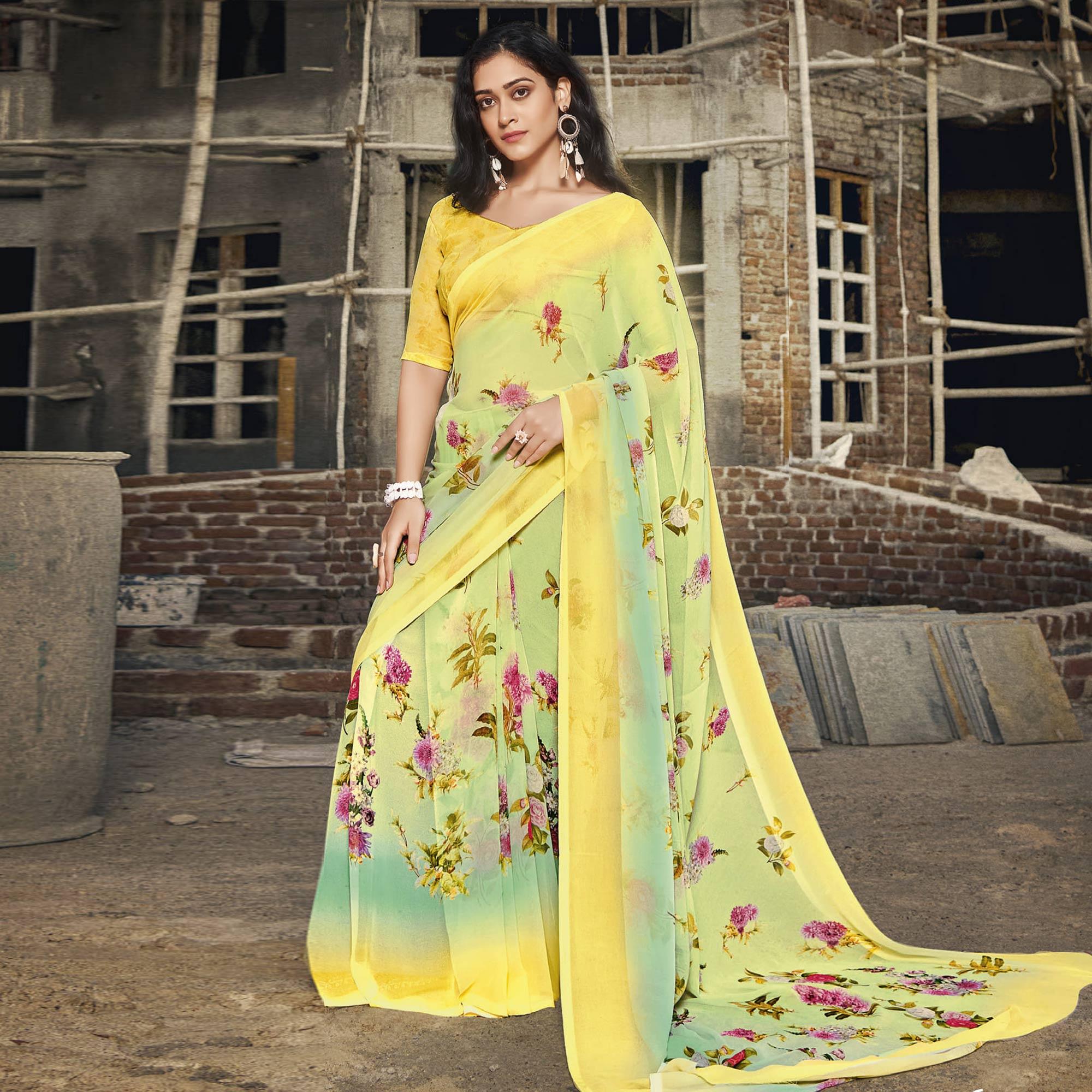 Yellow Casual Wear Floral Printed Georgette Saree - Peachmode