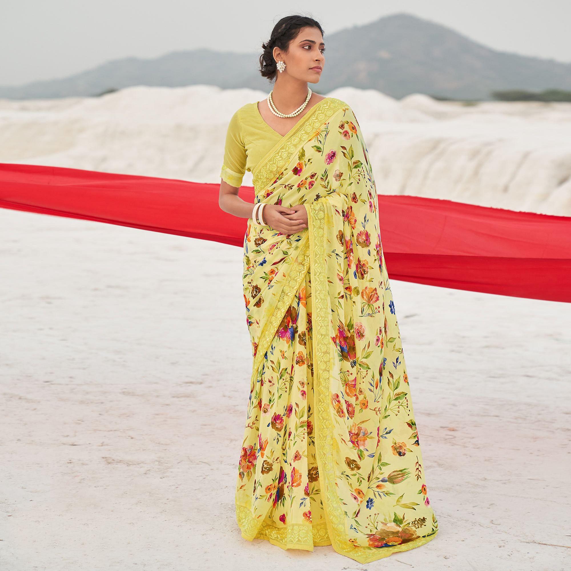 Yellow Casual Wear Floral Printed Georgette Saree - Peachmode