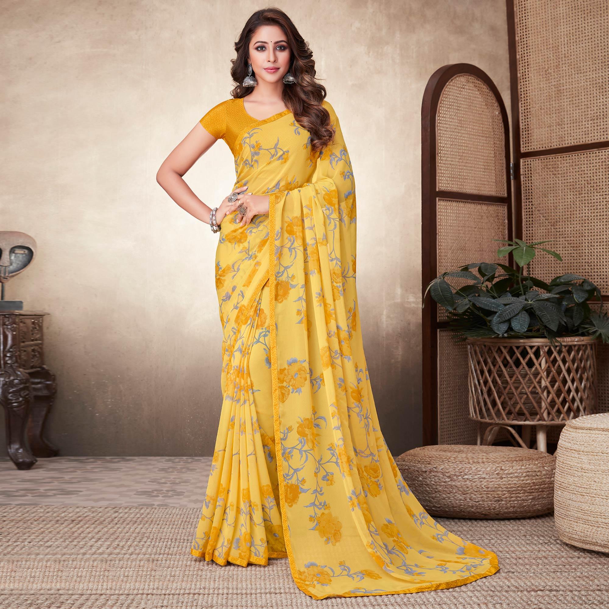 Yellow Casual Wear Floral Printed Georgette Saree - Peachmode