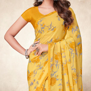 Yellow Casual Wear Floral Printed Georgette Saree - Peachmode