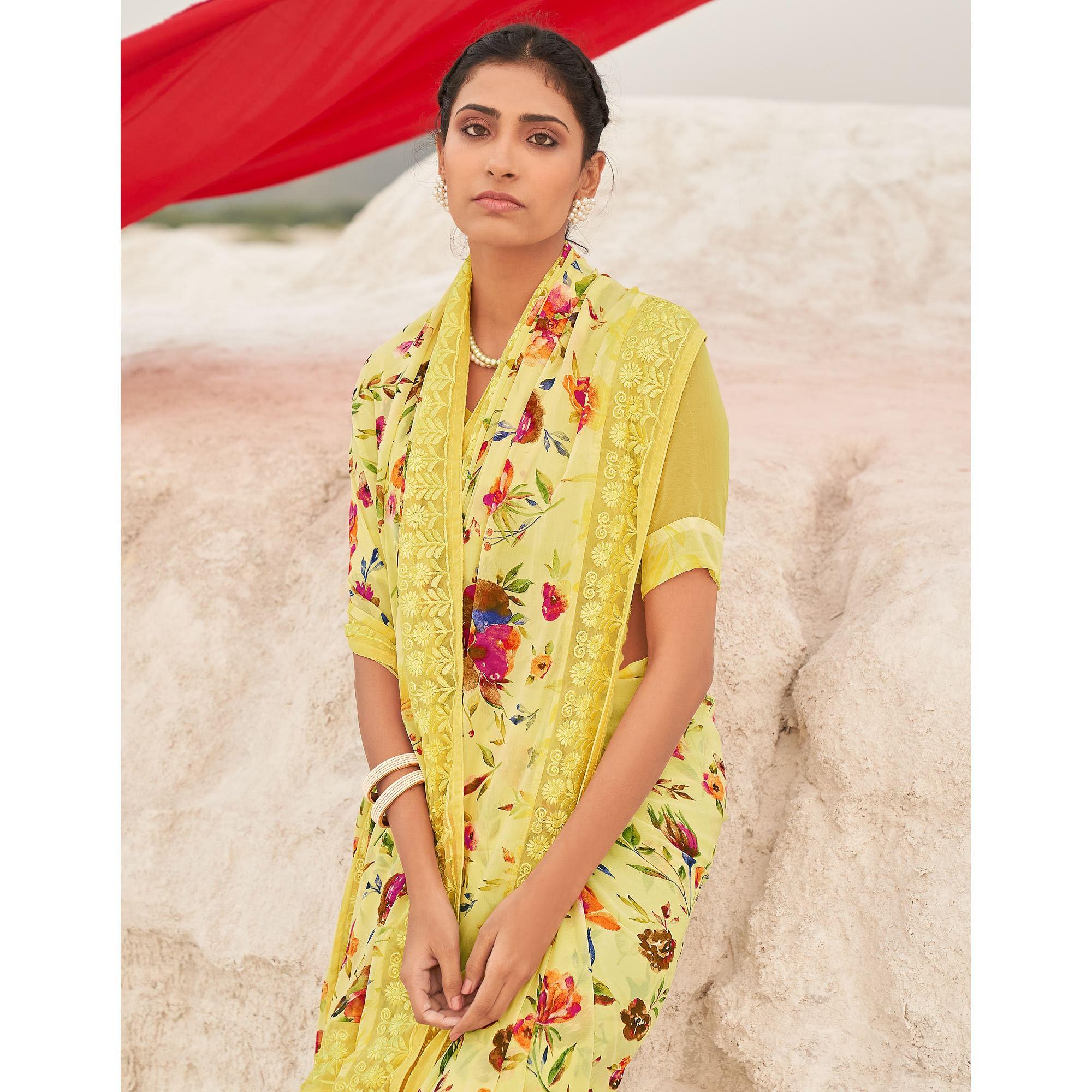 Yellow Casual Wear Floral Printed Georgette Saree - Peachmode