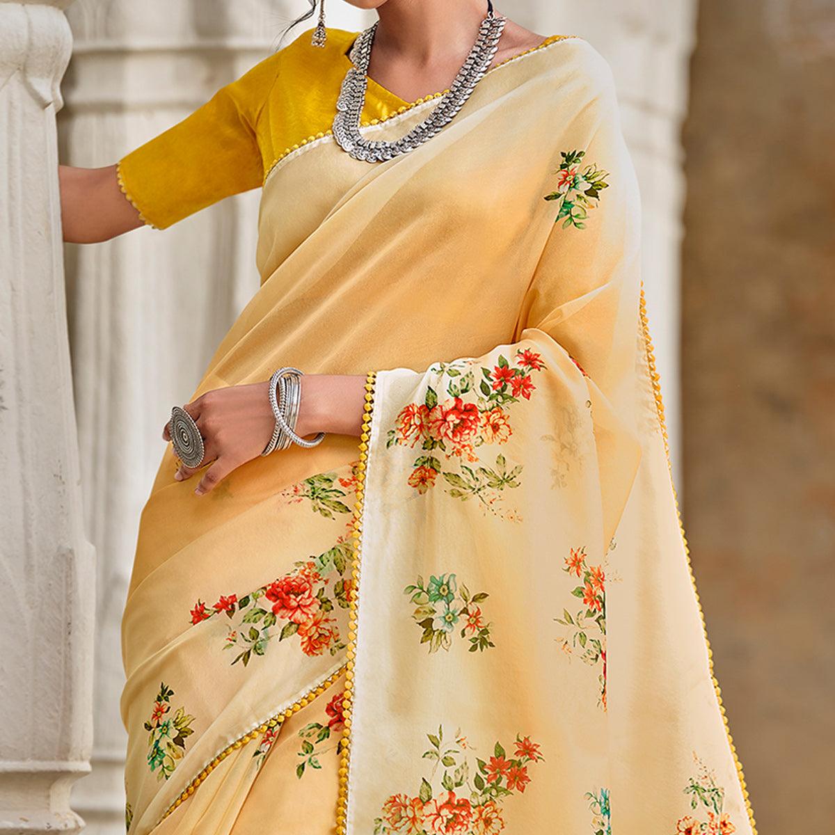 Yellow Casual Wear Floral Printed Heavy Organza Silk Saree - Peachmode