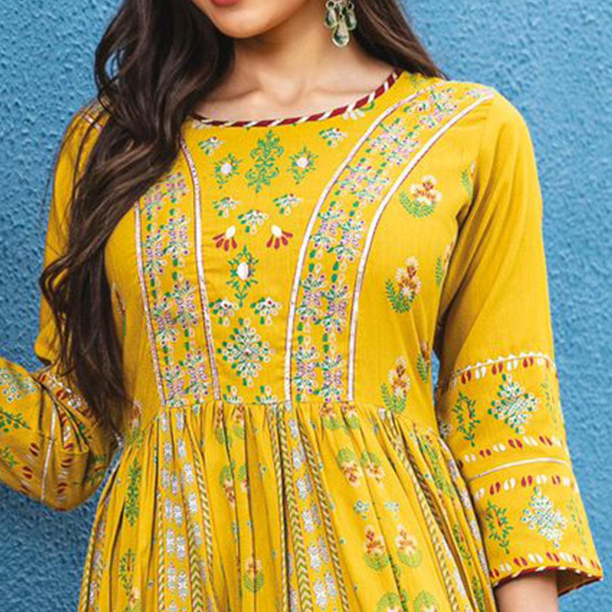Yellow Casual Wear Floral Printed Heavy Silk Long Kurti - Peachmode