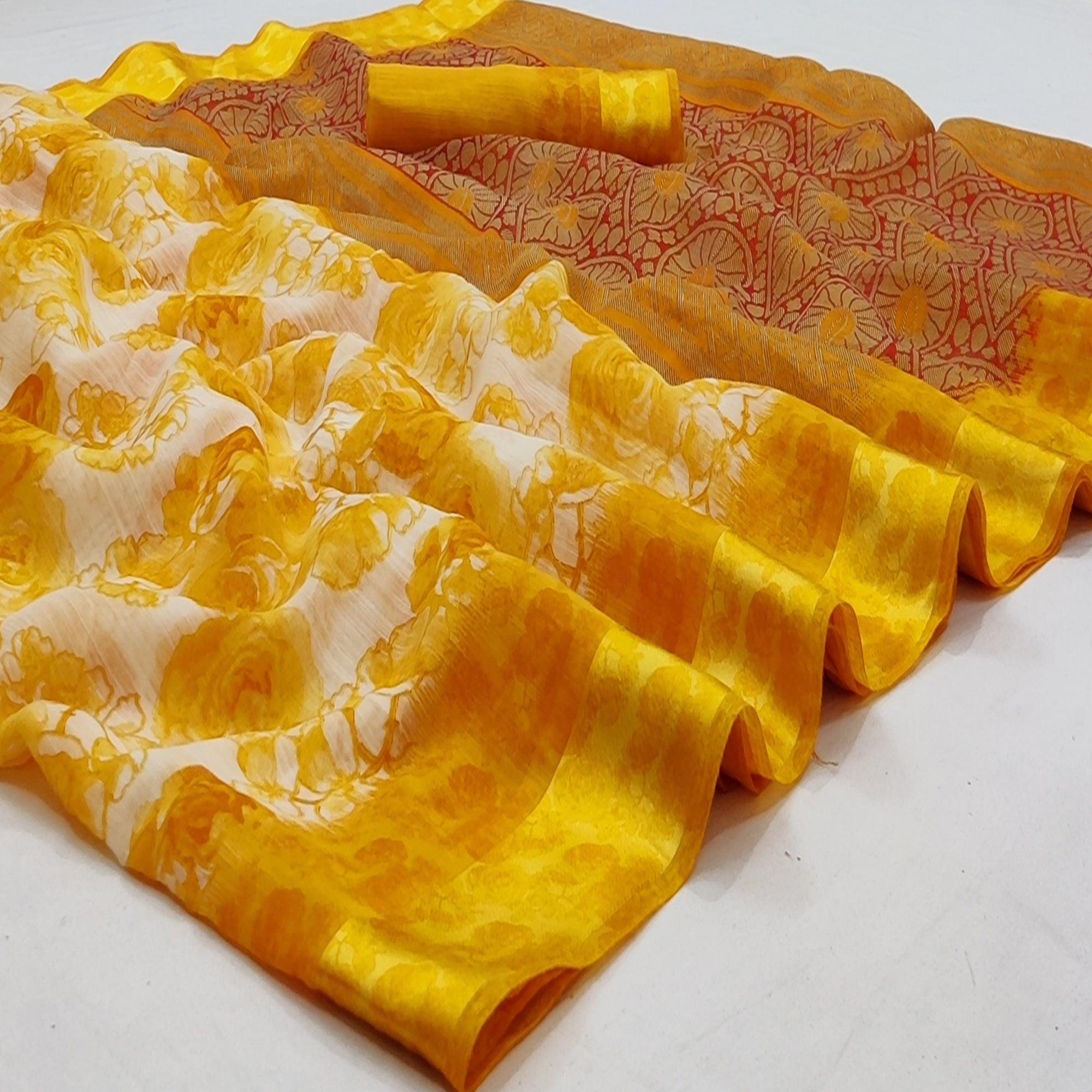 Yellow Casual Wear Floral Printed Linen-Satin Saree - Peachmode