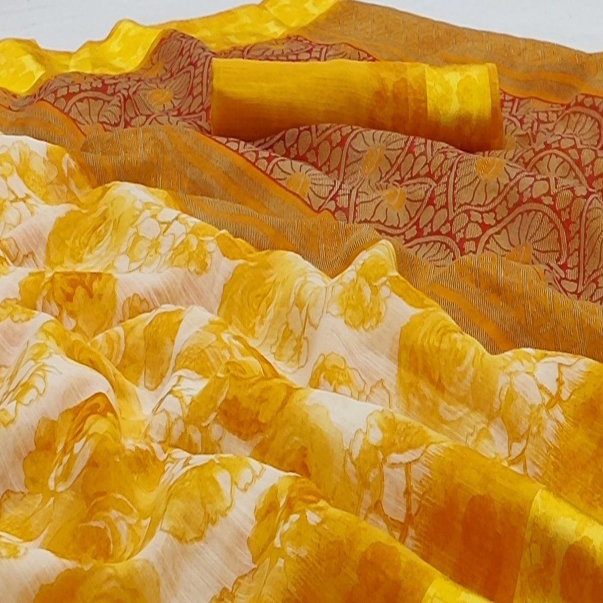Yellow Casual Wear Floral Printed Linen-Satin Saree - Peachmode