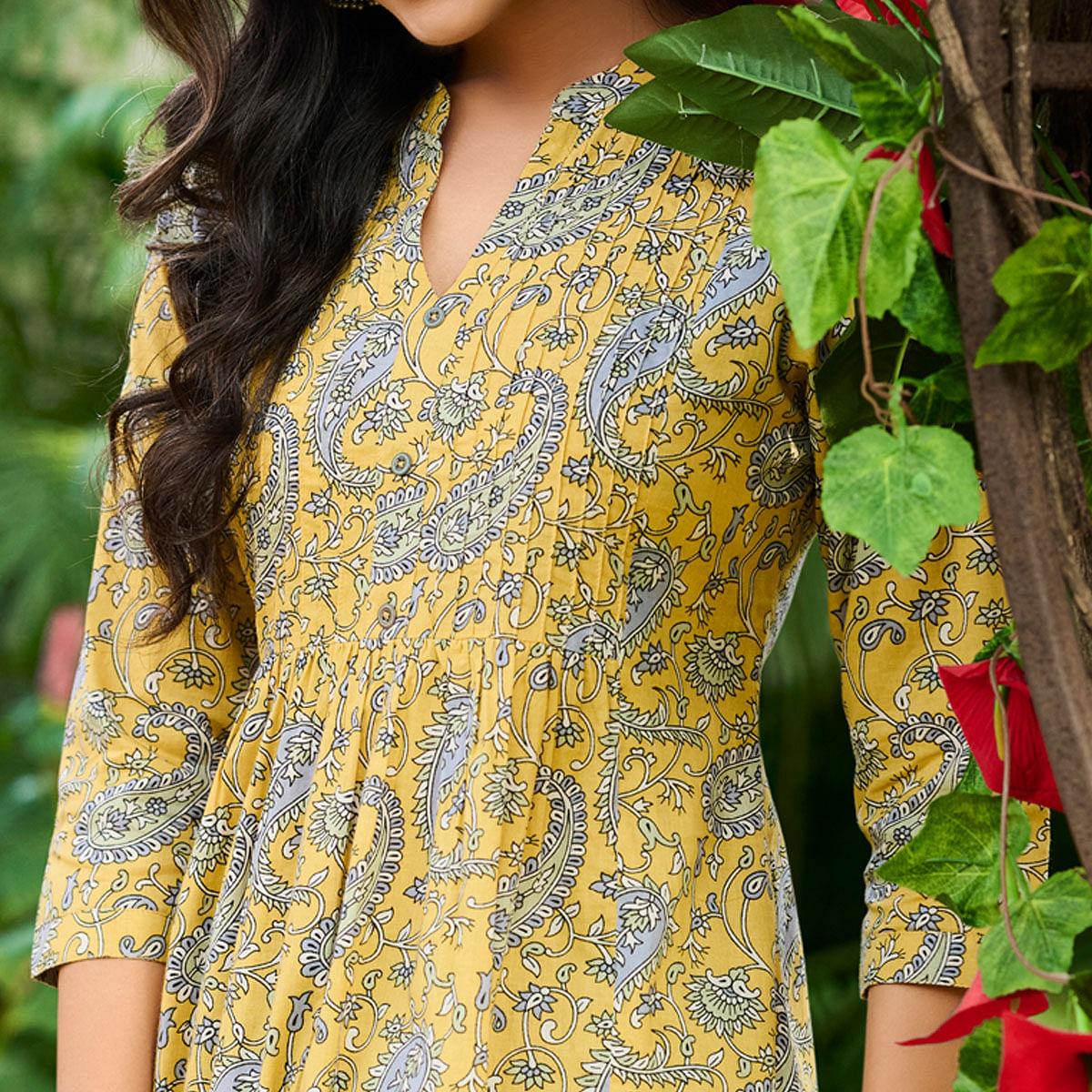 Yellow Casual Wear Floral Printed Pure Cotton Kurti - Peachmode