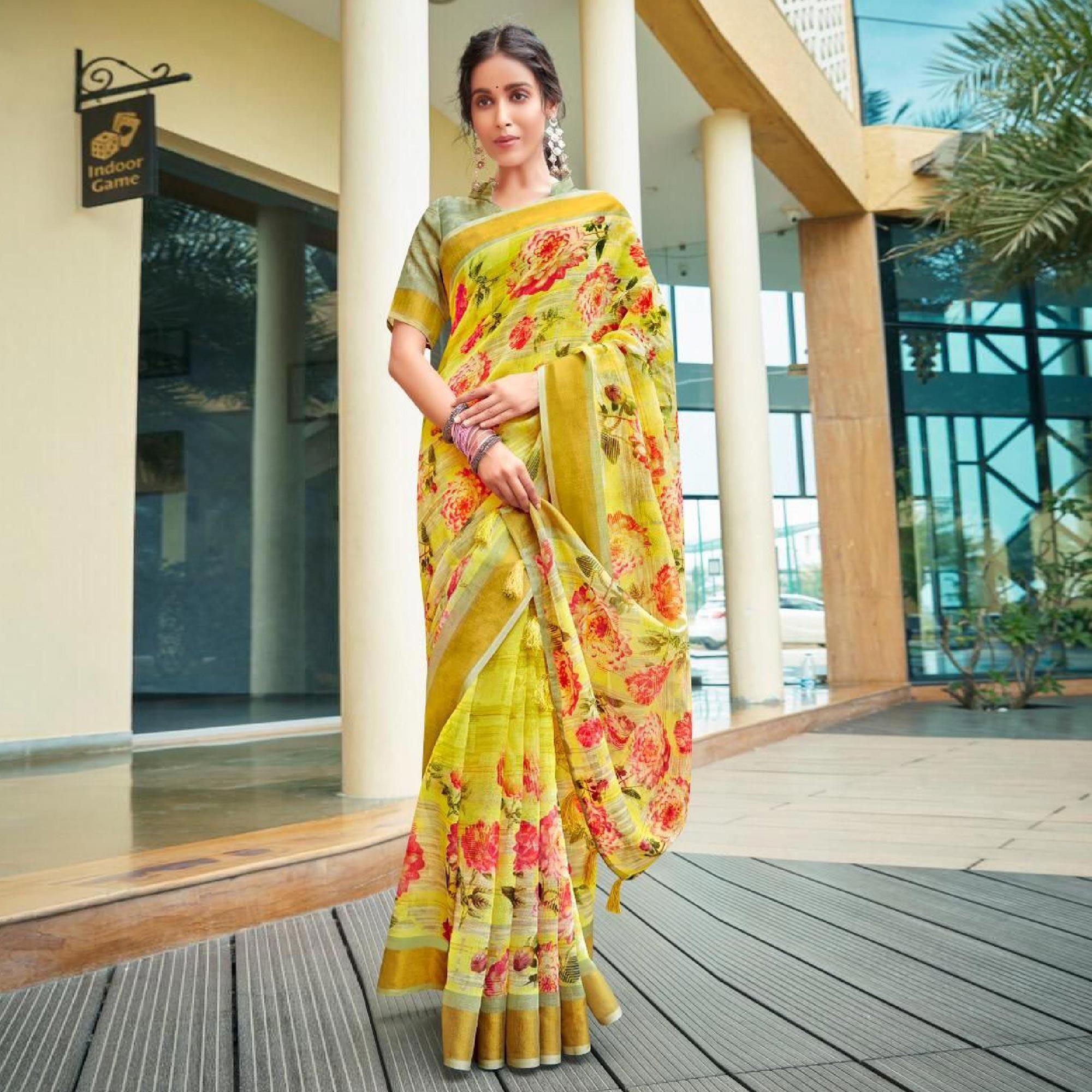Yellow Casual Wear Floral Printed Pure Linen Saree - Peachmode
