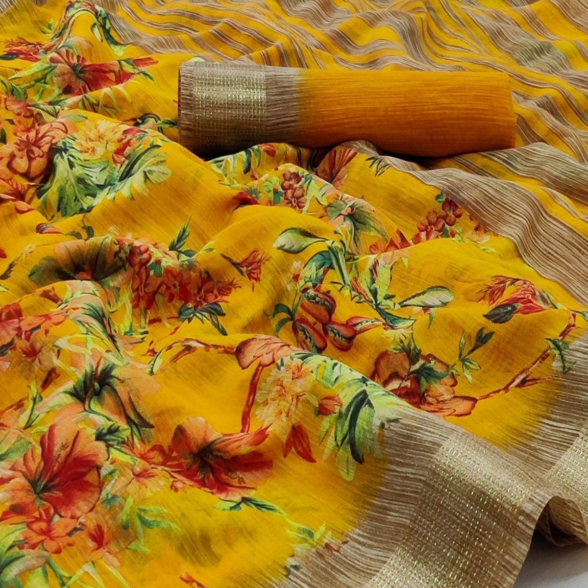 Yellow Casual Wear Floral Printed With Jari Border Cotton Saree - Peachmode