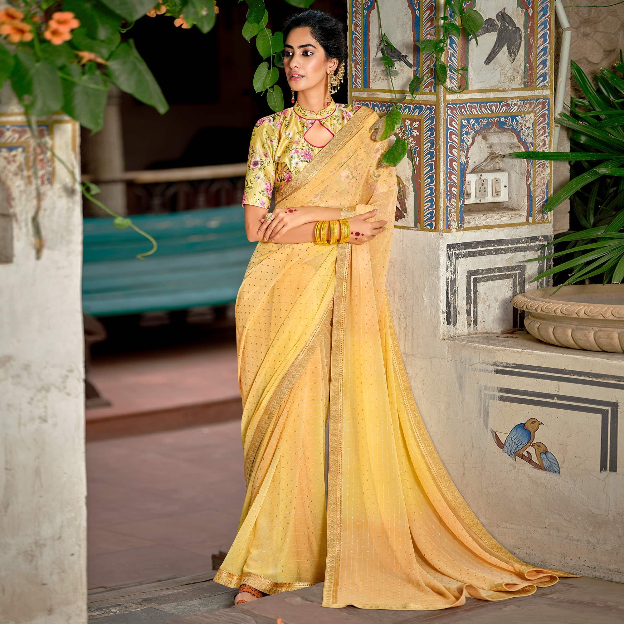 Yellow Casual Wear Foil Printed Georgette Saree - Peachmode