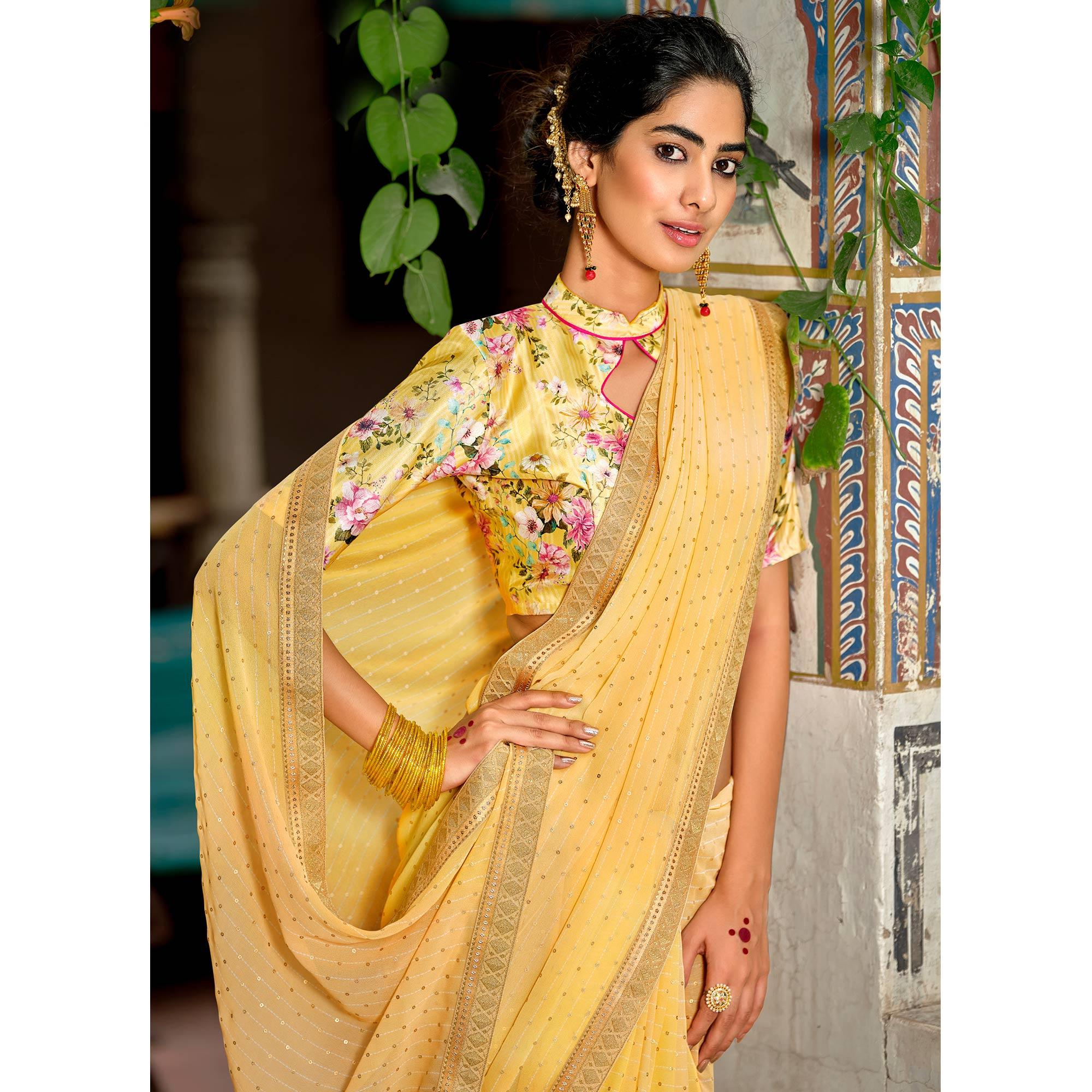 Yellow Casual Wear Foil Printed Georgette Saree - Peachmode