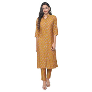 Yellow Casual Wear Foil Printed Muslin Kurti Pant Set - Peachmode