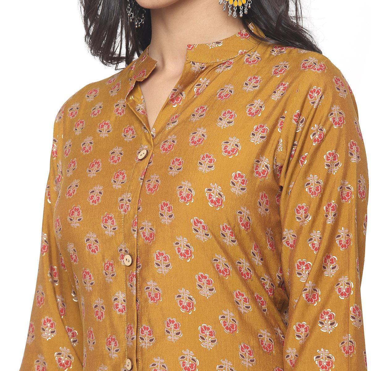 Yellow Casual Wear Foil Printed Muslin Kurti Pant Set - Peachmode