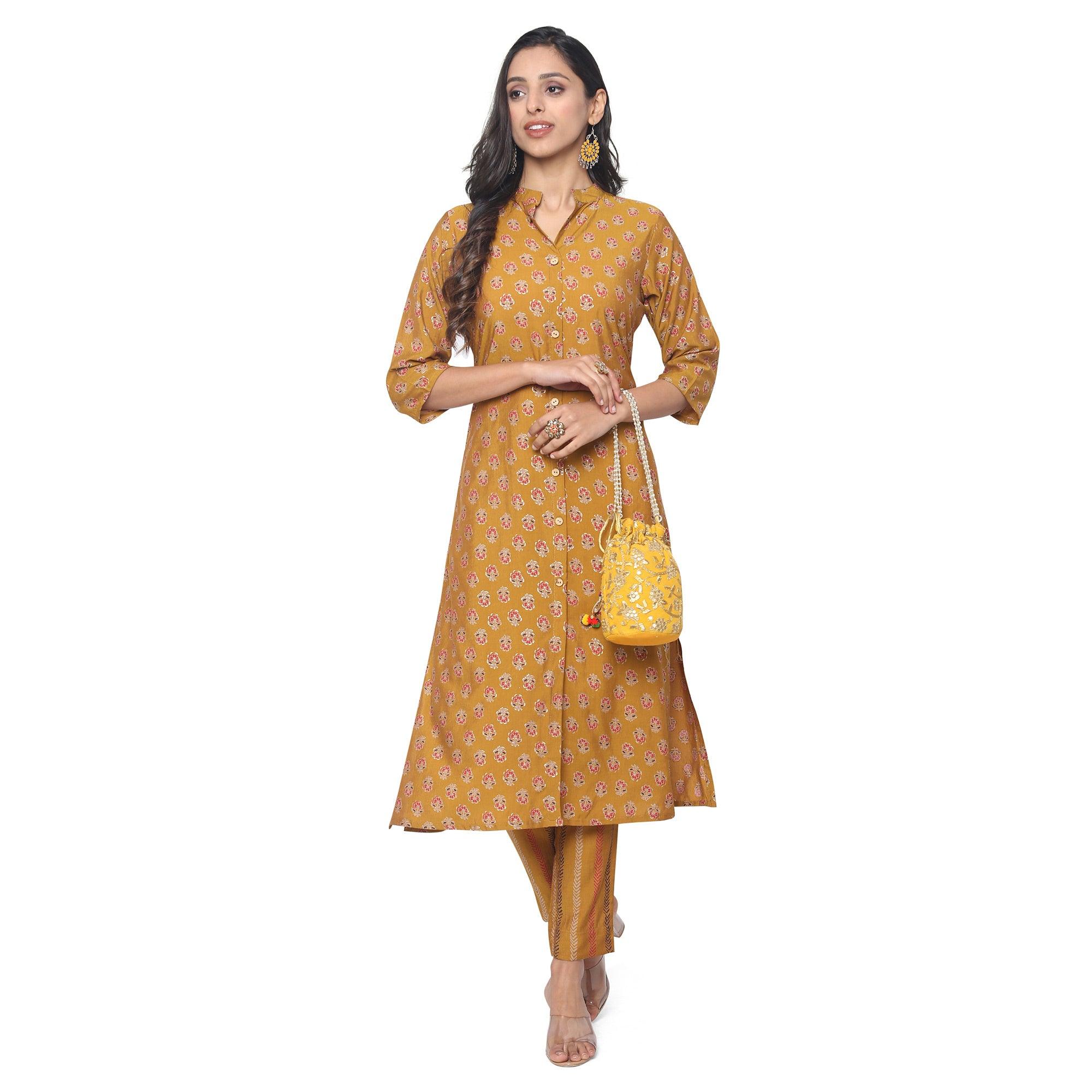 Yellow Casual Wear Foil Printed Muslin Kurti Pant Set - Peachmode