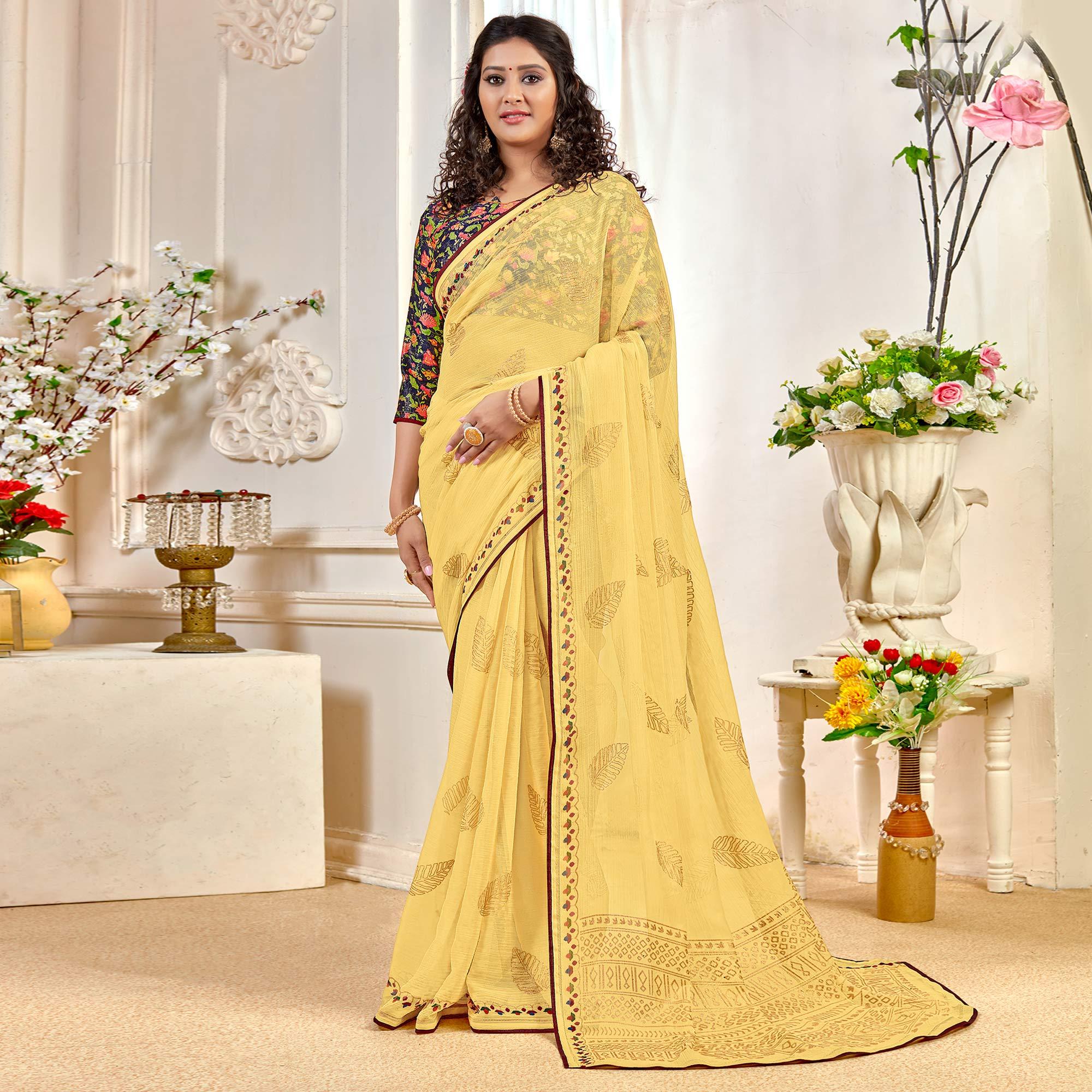 Yellow Casual Wear Foil Printed Pure Chiffon Saree - Peachmode