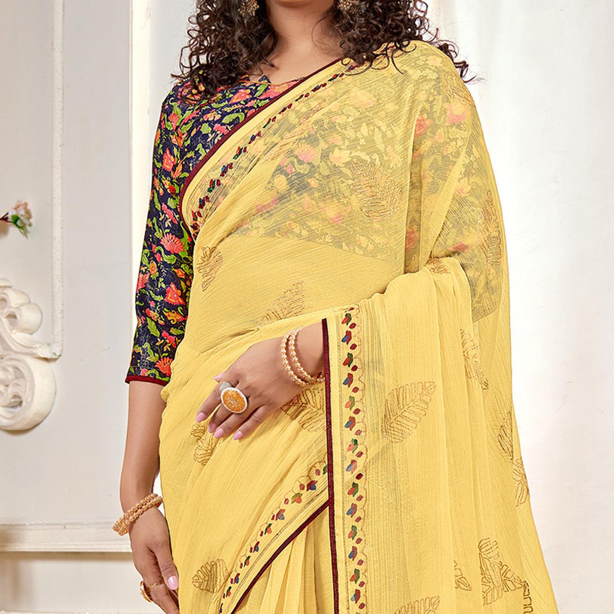 Yellow Casual Wear Foil Printed Pure Chiffon Saree - Peachmode