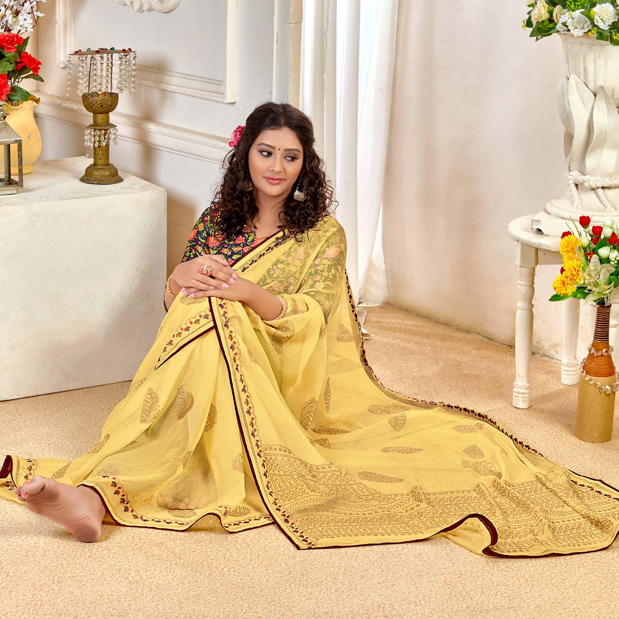 Yellow Casual Wear Foil Printed Pure Chiffon Saree - Peachmode