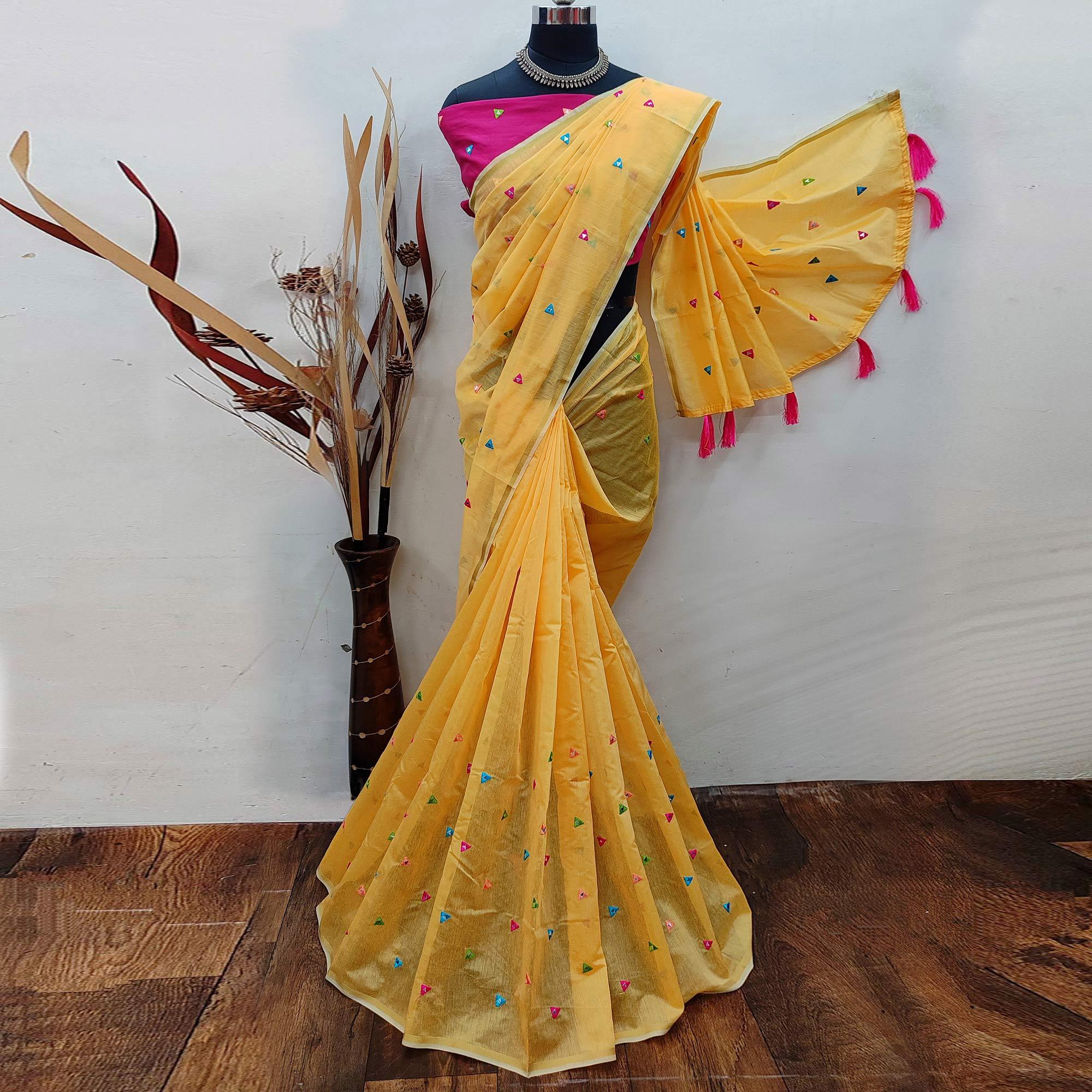 Yellow Casual Wear Geometric Embroidered Chanderi Saree - Peachmode